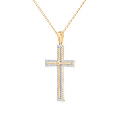 TJD 0.25 Carat Natural Diamond 18 Karat Yellow Gold Cross Pendant Necklace