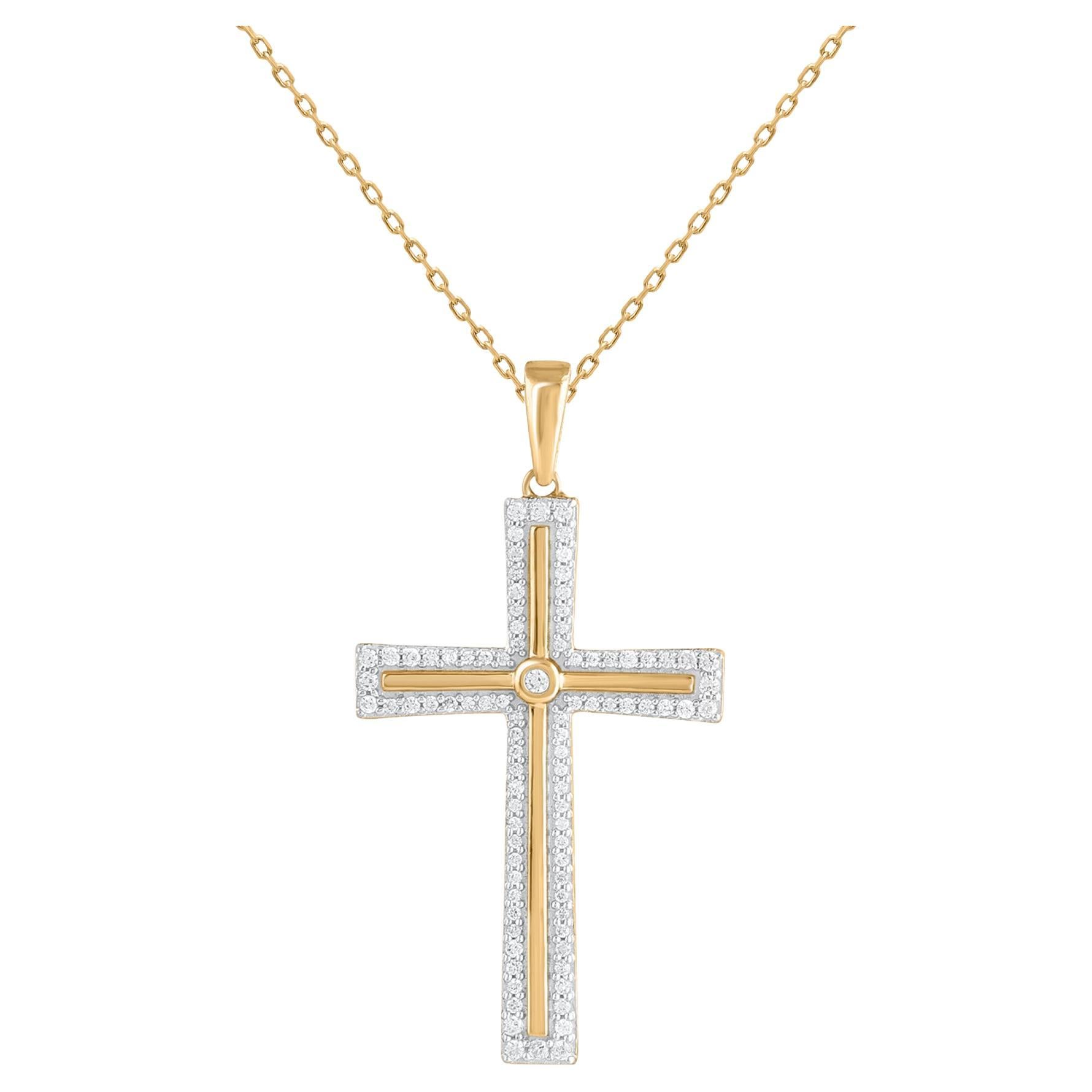 TJD 0.25 Carat Natural Diamond 18 Karat Yellow Gold Cross Pendant Necklace For Sale