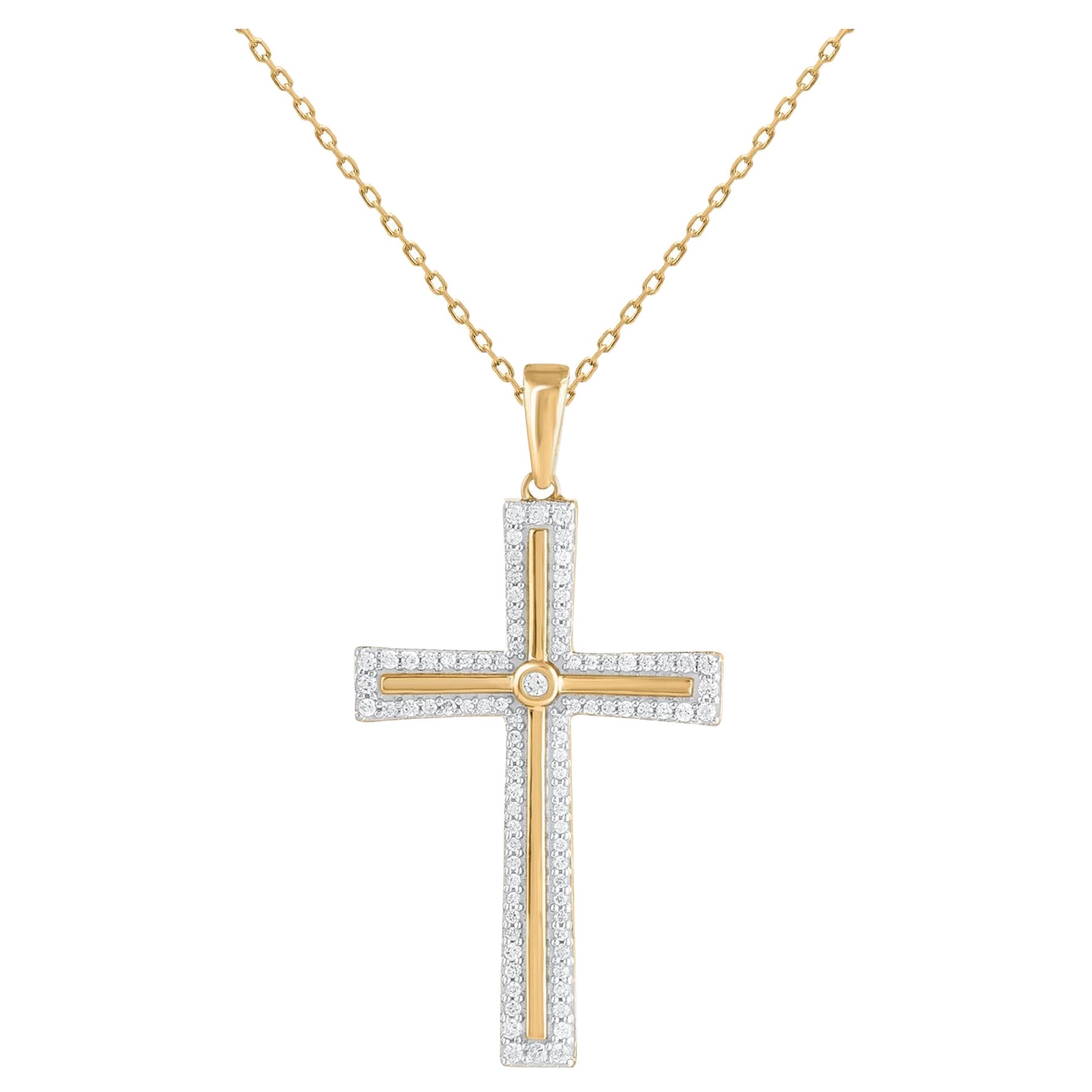 TJD 0.25 Carat Natural Diamond 18 Karat Yellow Gold Cross Pendant Necklace