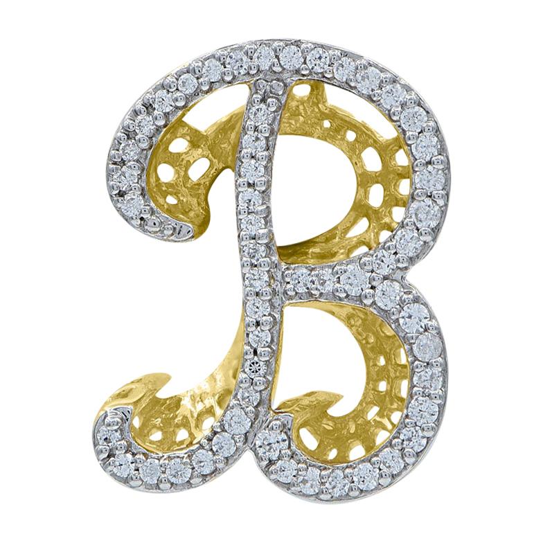 TJD 0.25 Carat B' Initial 3D Alphabet Diamond Pendants in 18 Karat Yellow Gold For Sale