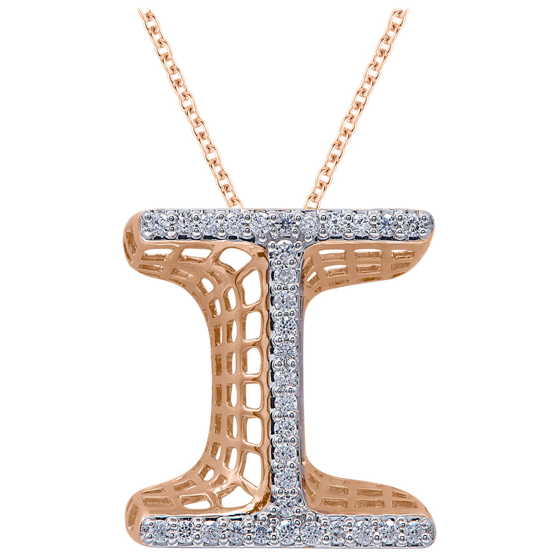 TJD 0.25 Carat Diamond 18 Karat Rose Gold I Initial 3D Alphabet Charm Pendant 