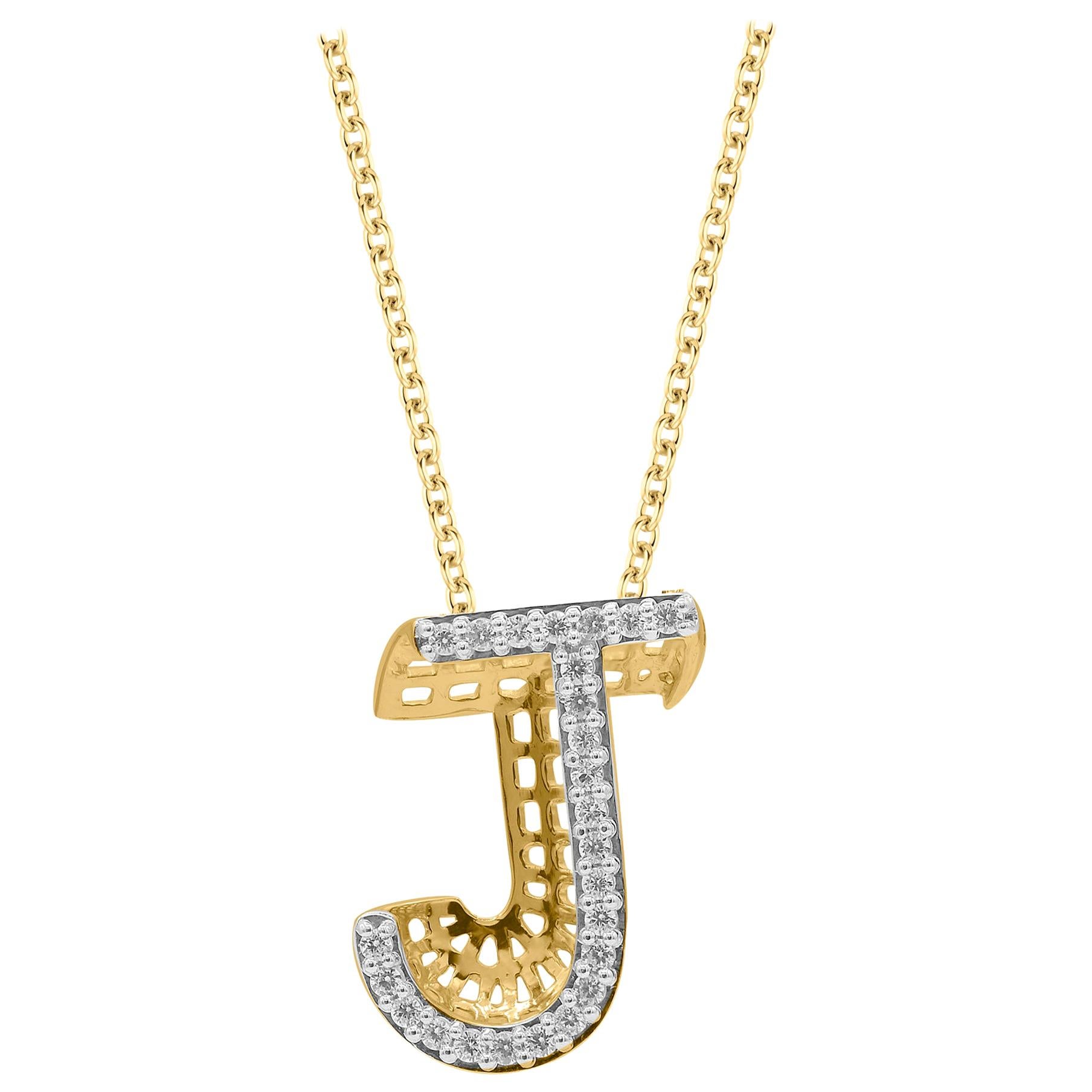 TJD Pendentifs « J » en or jaune 18 carats avec diamants de 0,25 carat et initiale en forme d'albâtre en relief