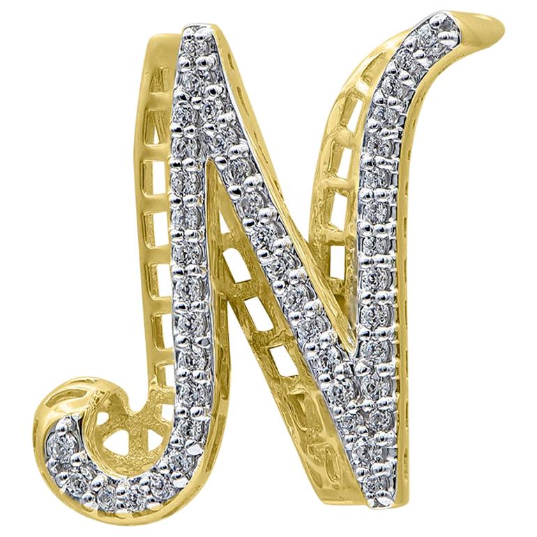 TJD 0.25 Carat Diamond 18 Karat Yellow Gold N Initial 3D Alphabet Charm Pendant  For Sale