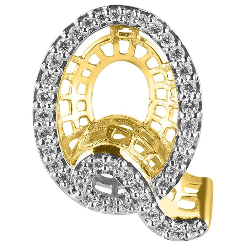 Pendentif breloque Q initial en or jaune 18 carats avec diamants de 0,25 carat TJD, de type Alphabet 3D  en vente