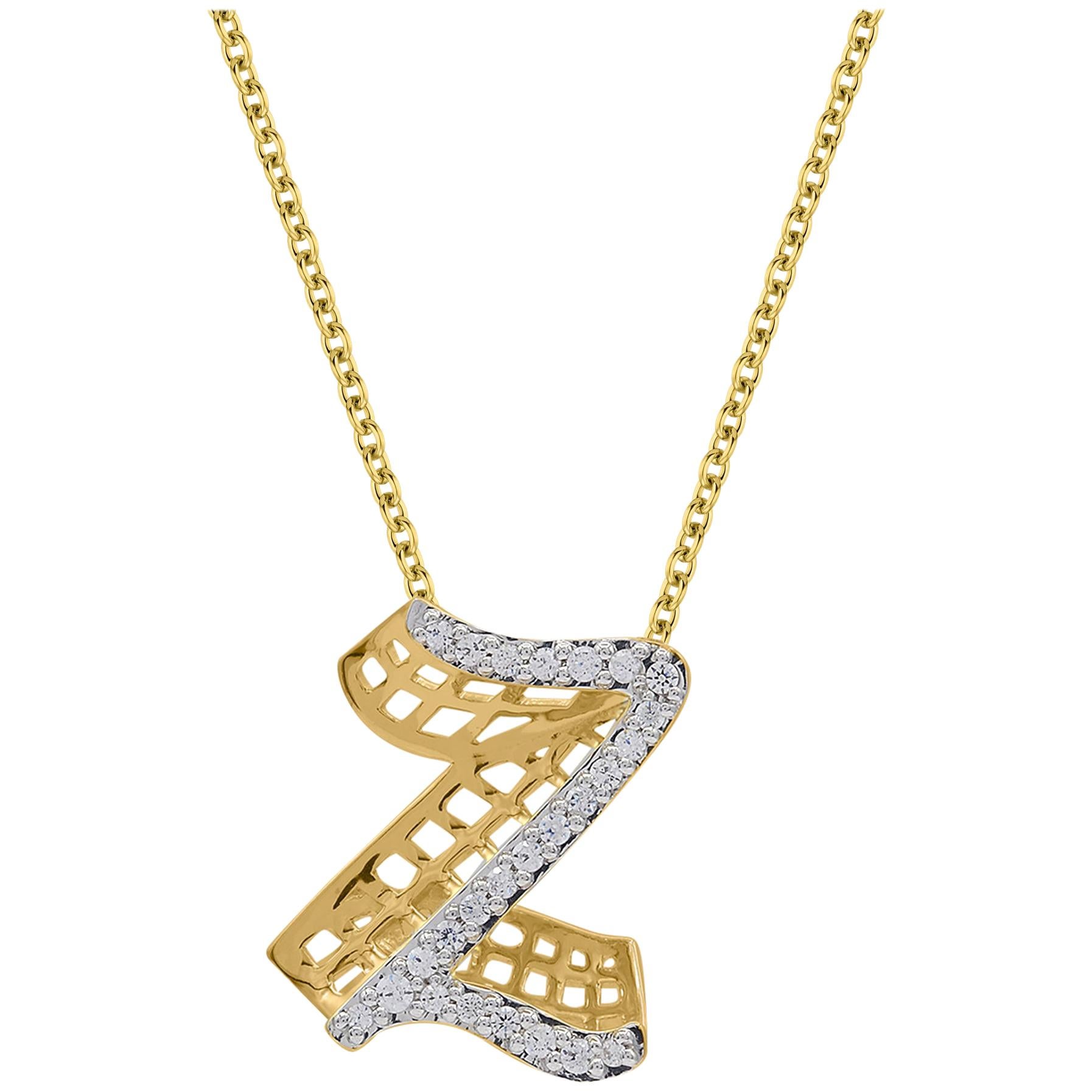 TJD Pendentifs en or jaune 18 carats avec diamants de 0,25 carat pour l'initiale Z' Alphabet 3D
