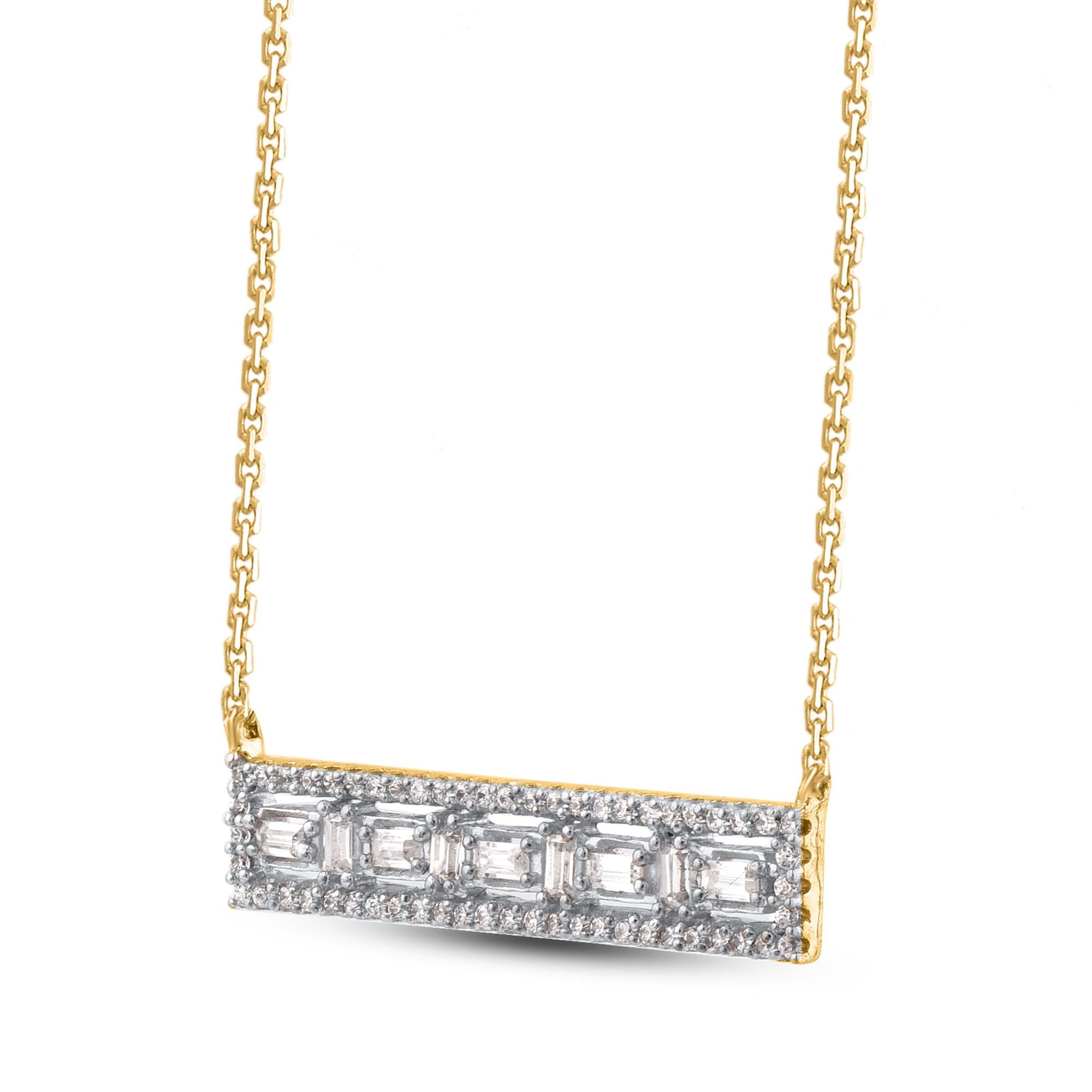 Contemporary TJD 0.25 Carat Natural Round & Baguette Diamond 14KT Yellow Gold Bar Necklace For Sale