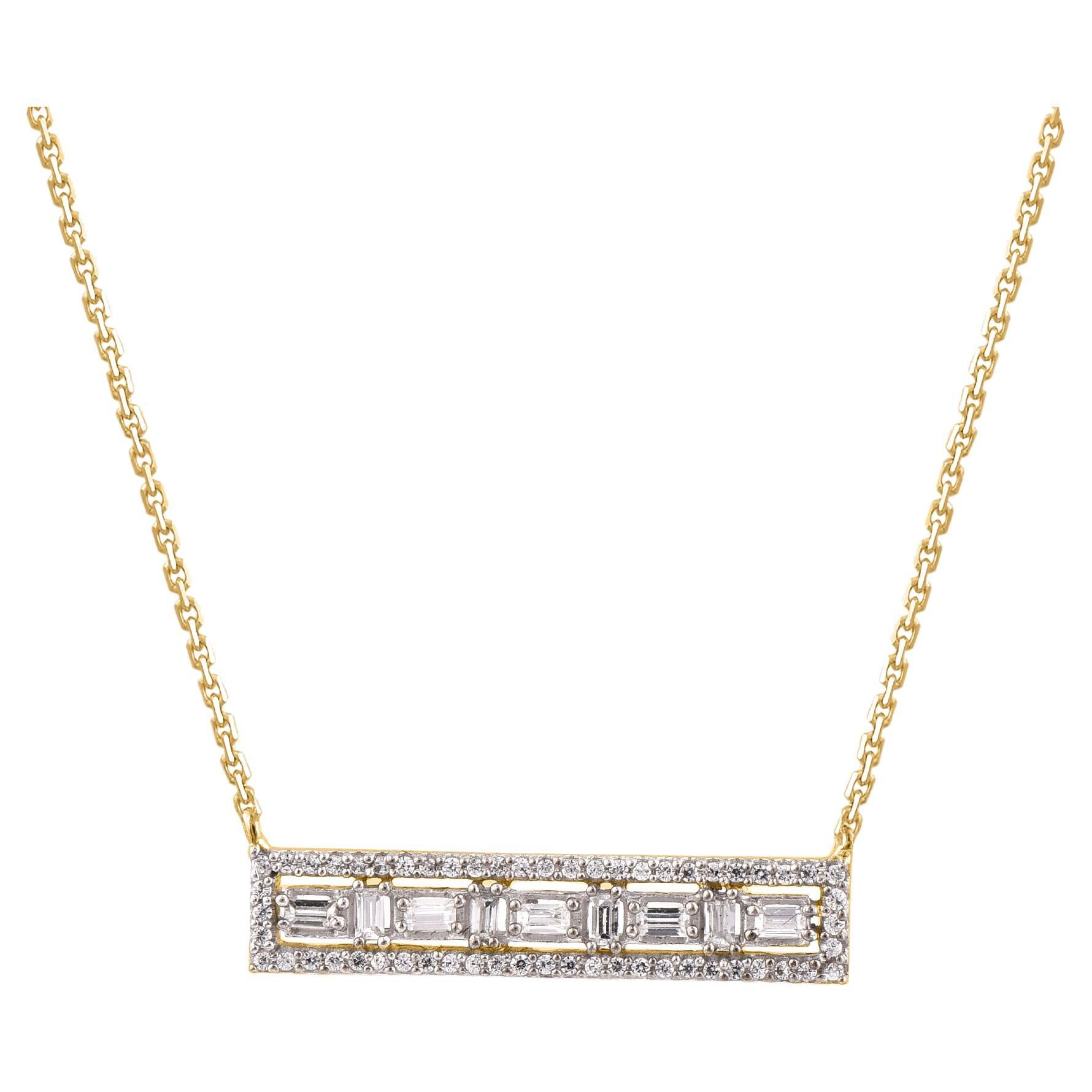 TJD 0.25 Carat Natural Round & Baguette Diamond 14KT Yellow Gold Bar Necklace For Sale