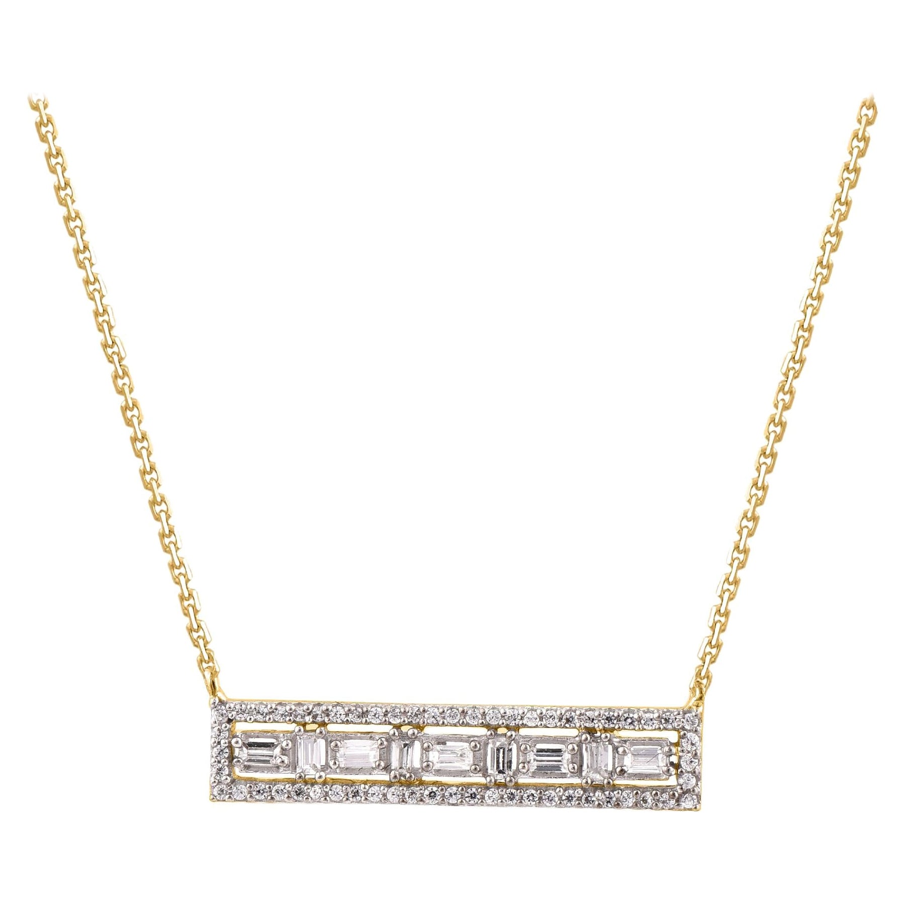 TJD 0.25 Carat Natural Round
Baguette Diamond 14KT Yellow Gold Bar Necklace