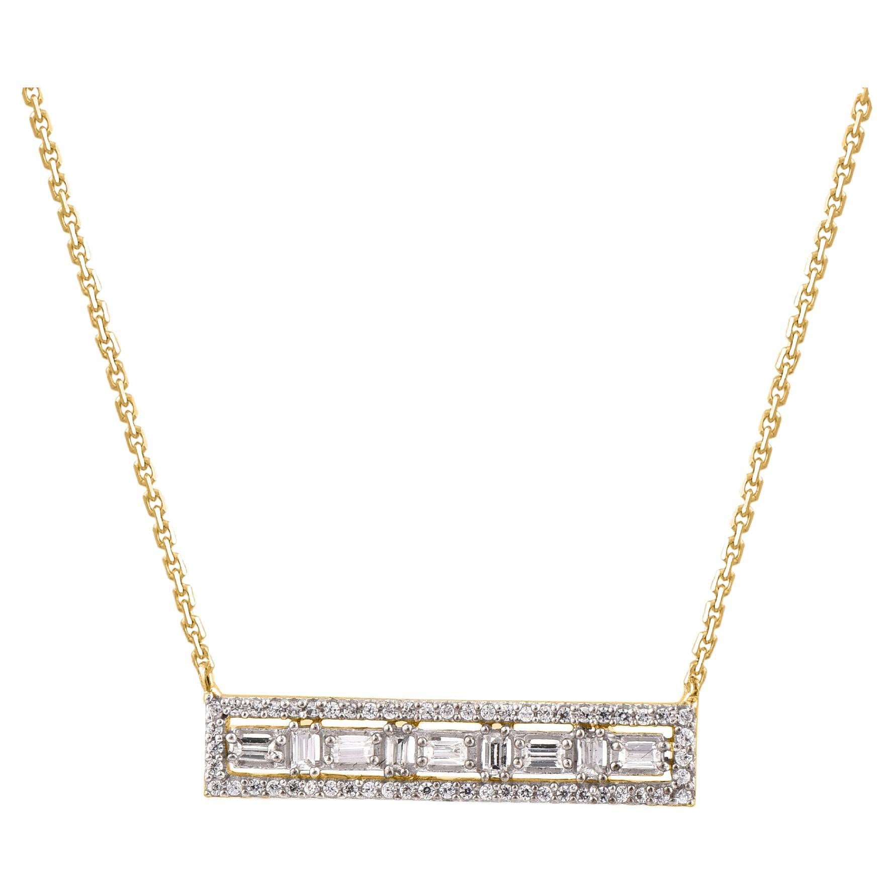 TJD 0.25 Carat Natural Round & Baguette Diamond 18KT Yellow Gold Bar Necklace For Sale