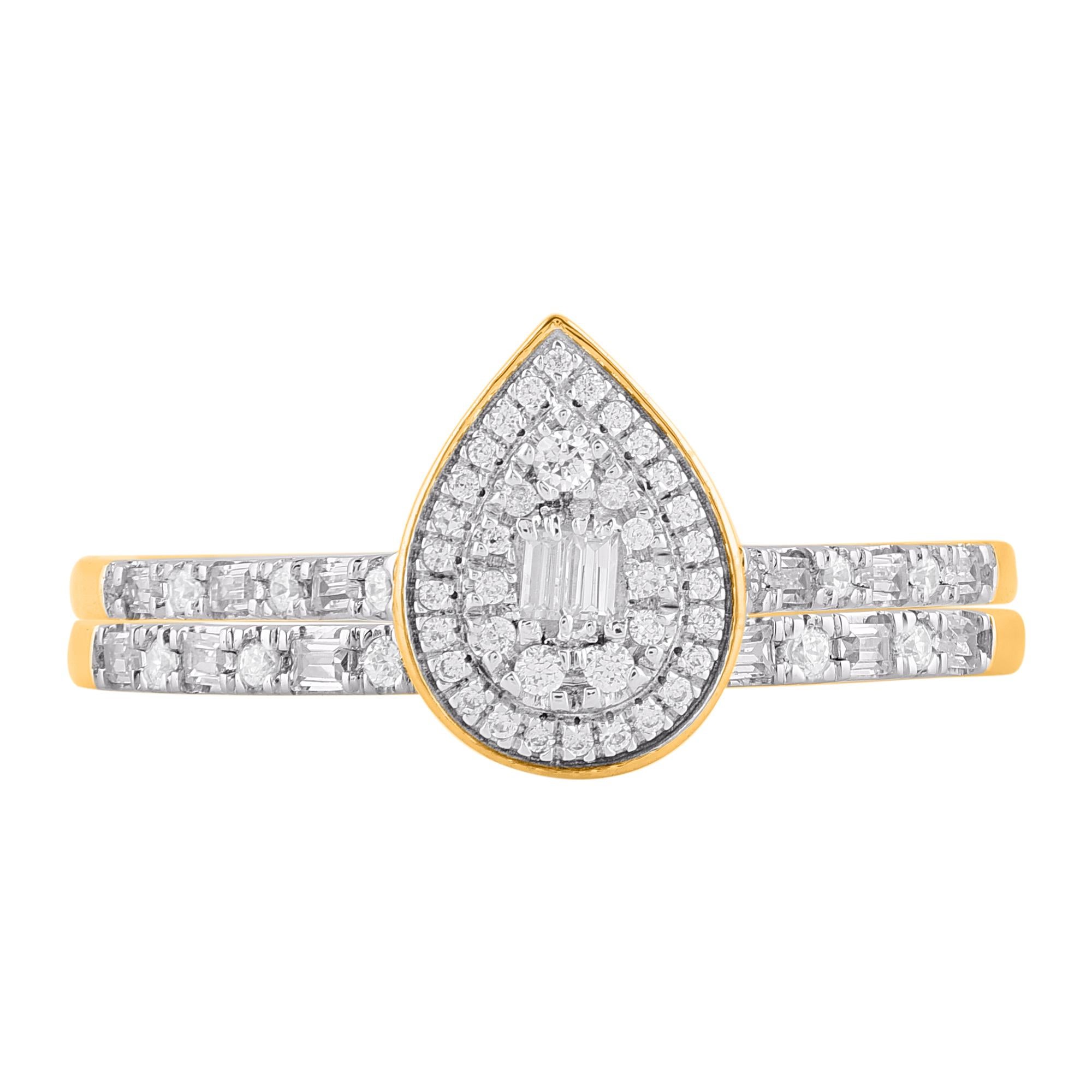 Express all the love you hold in your heart with this cluster diamond bridal set. Crafted in 14 Karat yellow gold. This wedding ring features a sparkling 64 round and baguette diamond beautifully set in prong setting. The total diamond weight is
