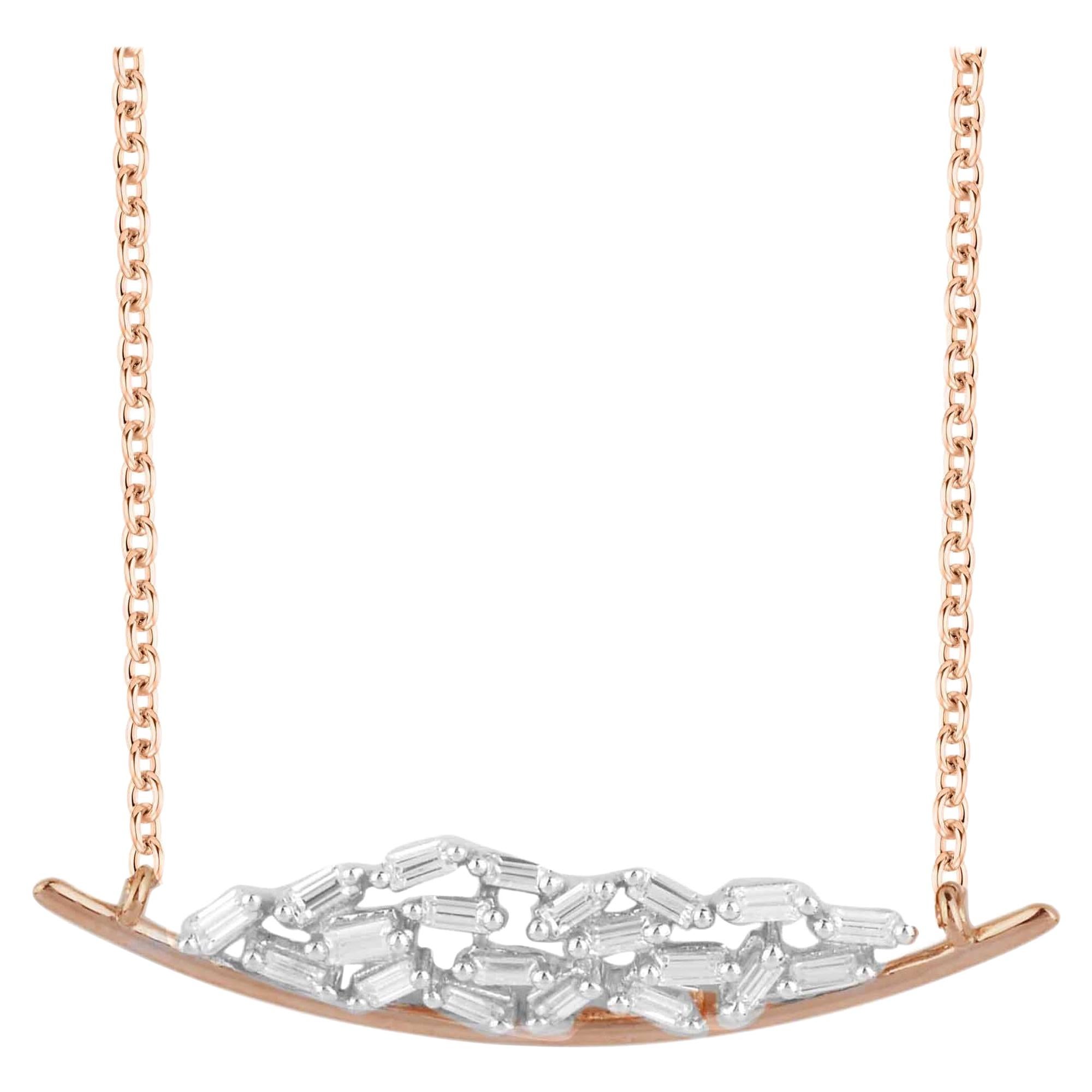 TJD 0.25 Carat Baguette-Cut Diamond 14 Karat Rose Gold Bar Curve Necklace For Sale
