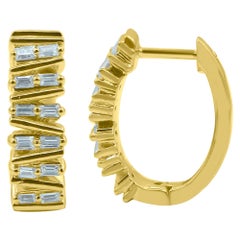 Used TJD 0.25 Carat Baguette Diamond 14K Yellow Gold Designer Fashion Hoop Earrings