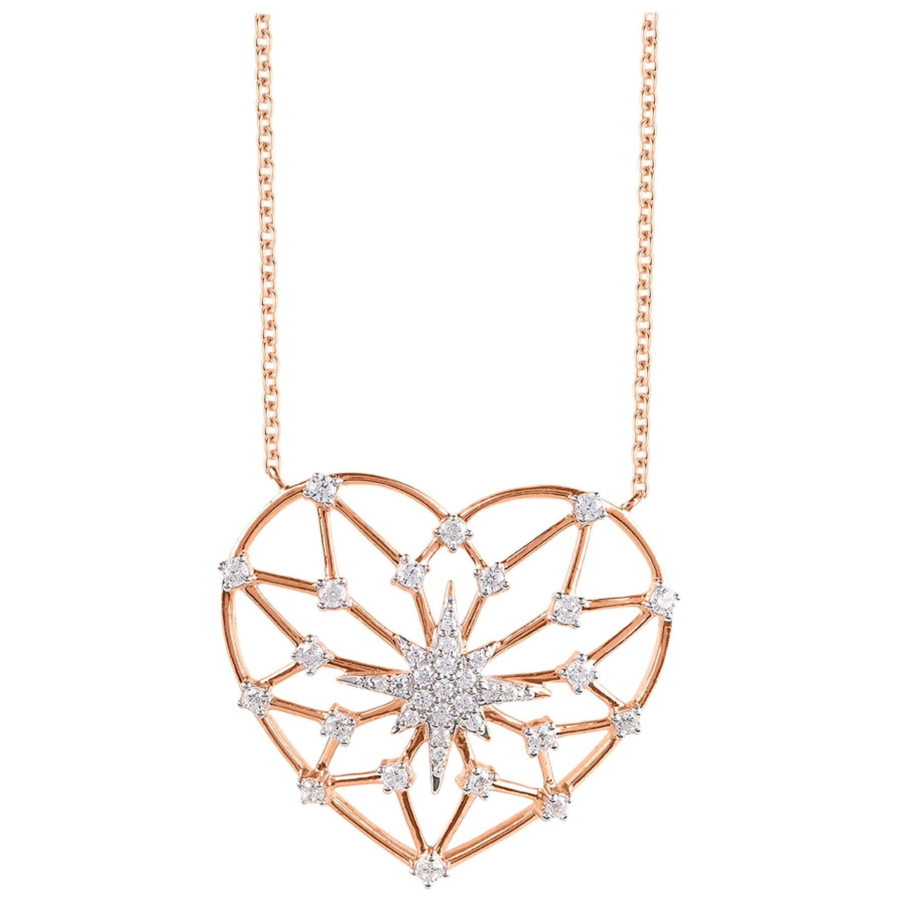 TJD 0.25 Carat Round Diamond 18 Karat Rose Gold Fashion Designer Heart Necklace For Sale
