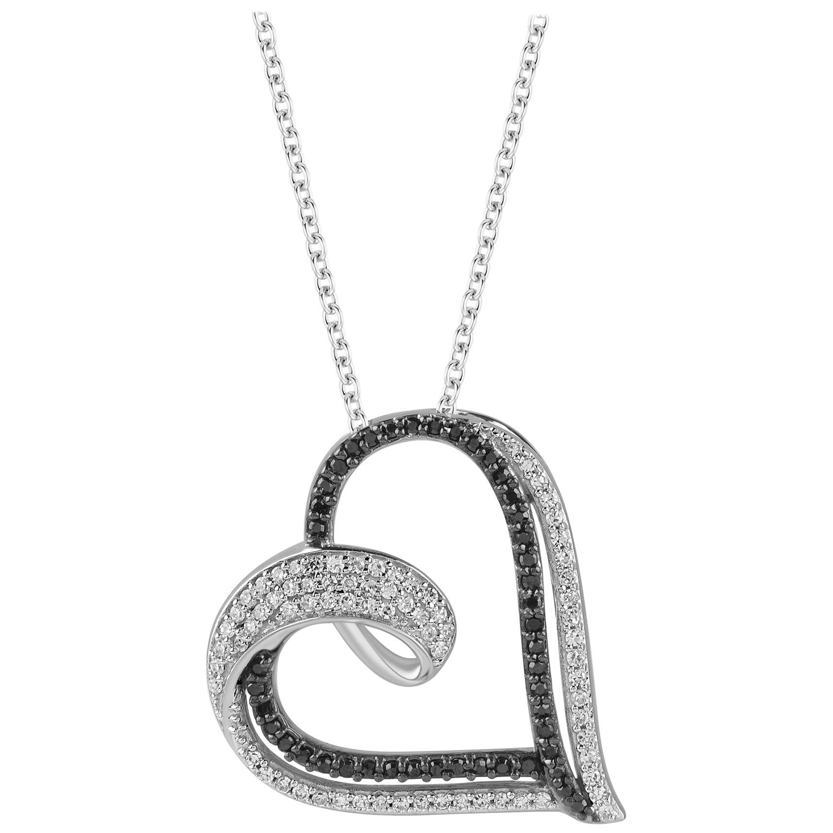 TJD 0.25 Carat Black & White Diamond 14 Karat White Gold Designer Heart Pendant
