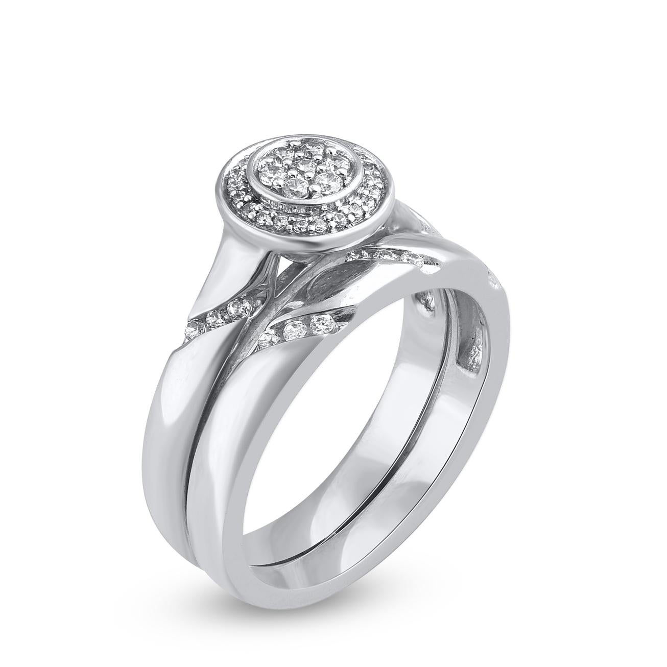 Express your love for her in the most classic way with this diamond ring set. Crafted in 14 Karat white gold. This wedding ring features a sparkling 44 brilliant cut and single cut round diamond beautifully set in nic & pave setting. The total