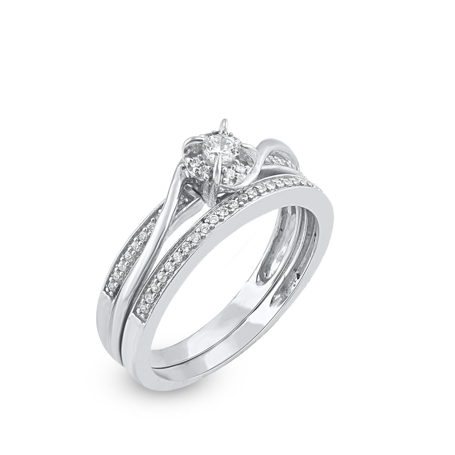Contemporary TJD 0.25 Carat Natural Round Cut Diamond 14KT White Gold Swirl Frame Bridal Set For Sale