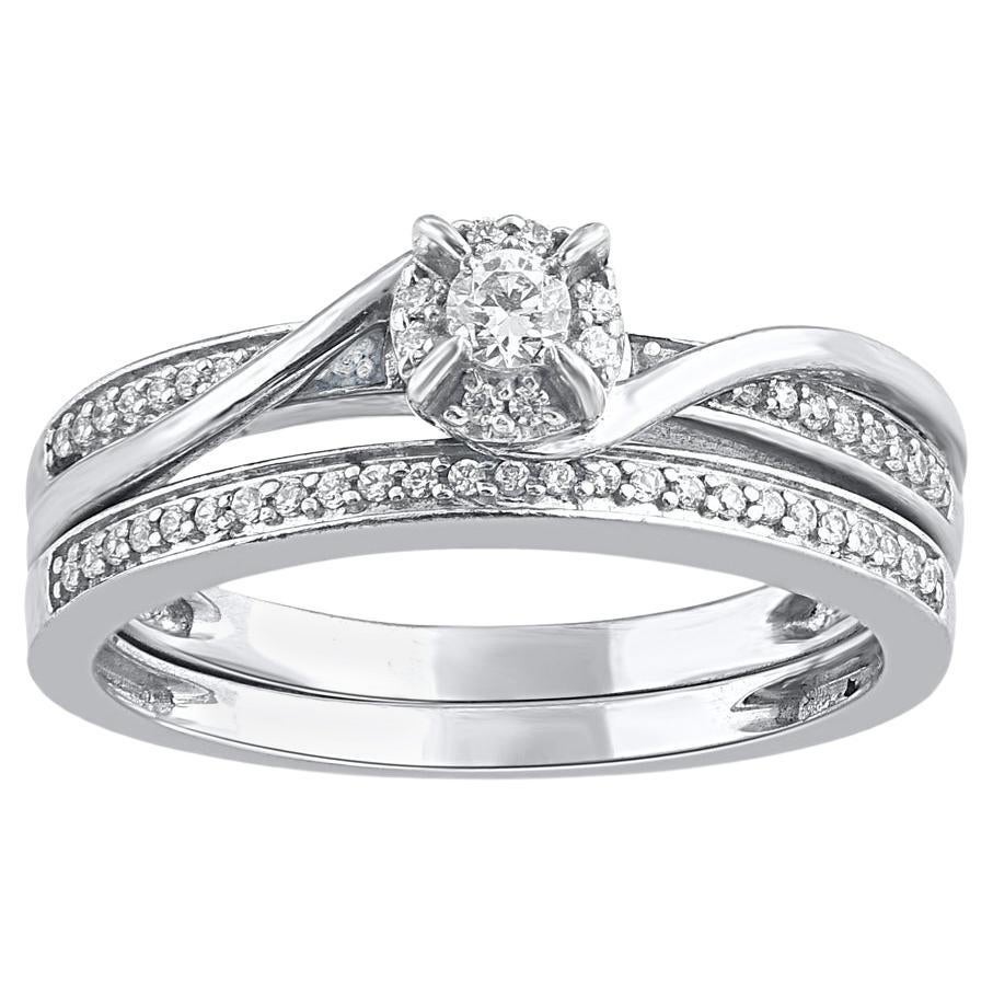 TJD 0.25 Carat Natural Round Cut Diamond 14KT White Gold Swirl Frame Bridal Set For Sale