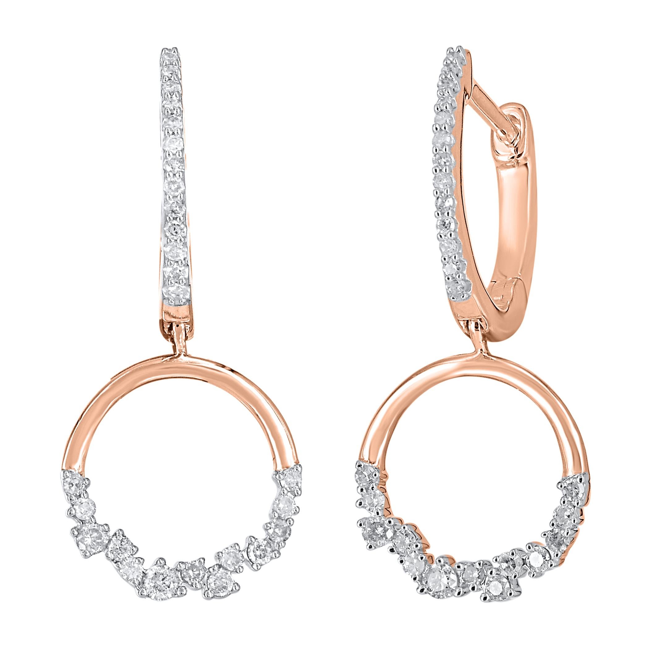 Contemporary TJD 0.25 Carat Natural Round Diamond 14 Karat Rose Gold Circle Dangle Earrings For Sale