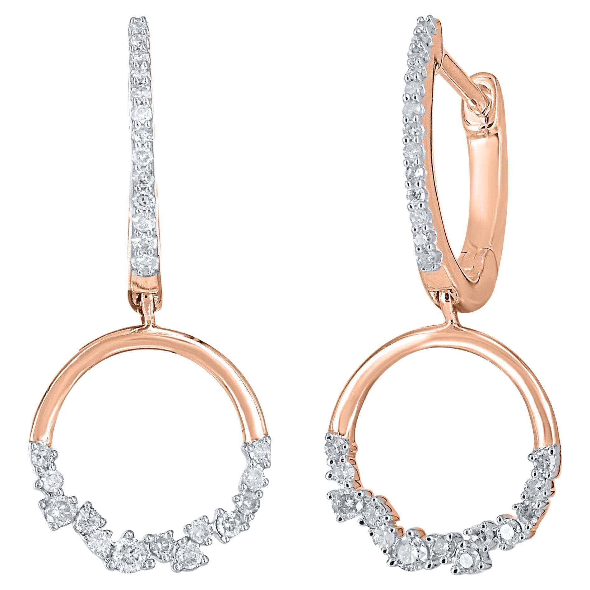 TJD 0.25 Carat Natural Round Diamond 14 Karat Rose Gold Circle Dangle Earrings For Sale