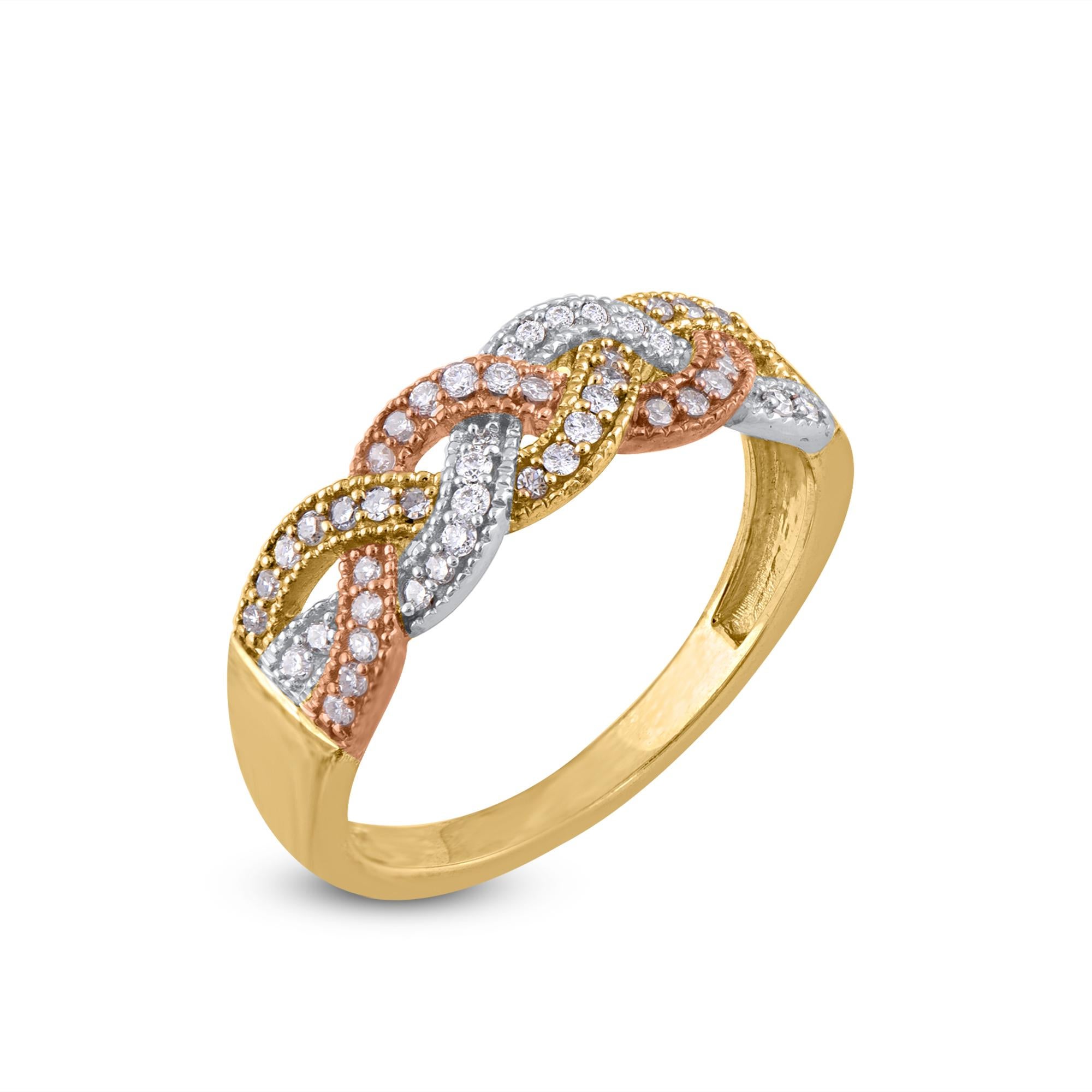 Contemporary TJD 0.25 Carat Natural Round Diamond 14 Karat Tri-Tone Gold Twisted Band Ring For Sale