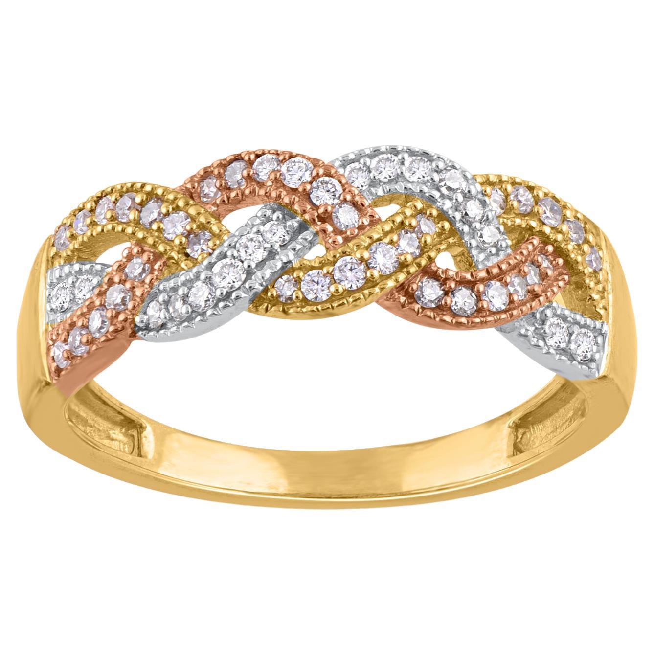 Bague jonc torsadé en or tricolore 14 carats avec diamants ronds naturels de 0,25 carat TJD