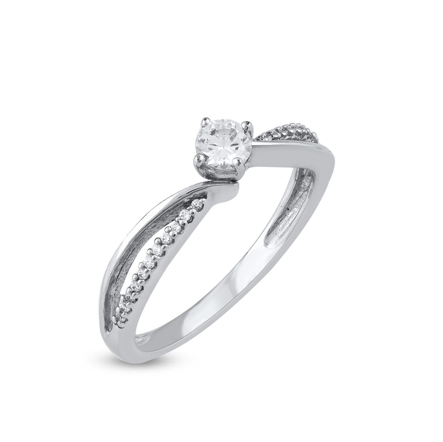 Contemporary TJD 0.25 Carat Natural Round Diamond 14 Karat White Gold Bypass Engagement Ring For Sale