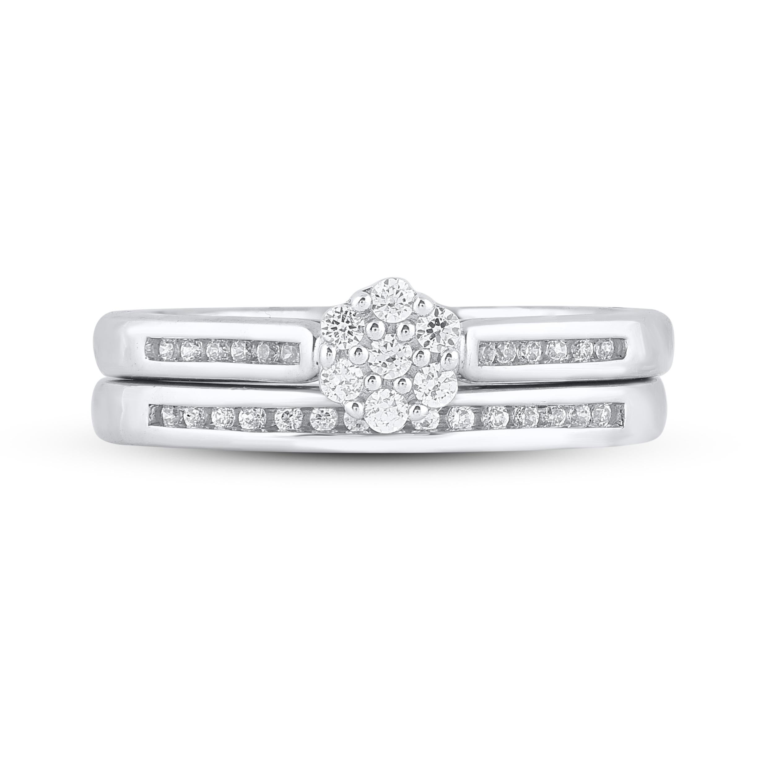 Let your love shine through this beautiful diamond bridal set. Crafted in 14 Karat white gold. This wedding ring features a sparkling 34 brilliant cut and single cut round diamond beautifully set in prong & nic setting. The total diamond weight is