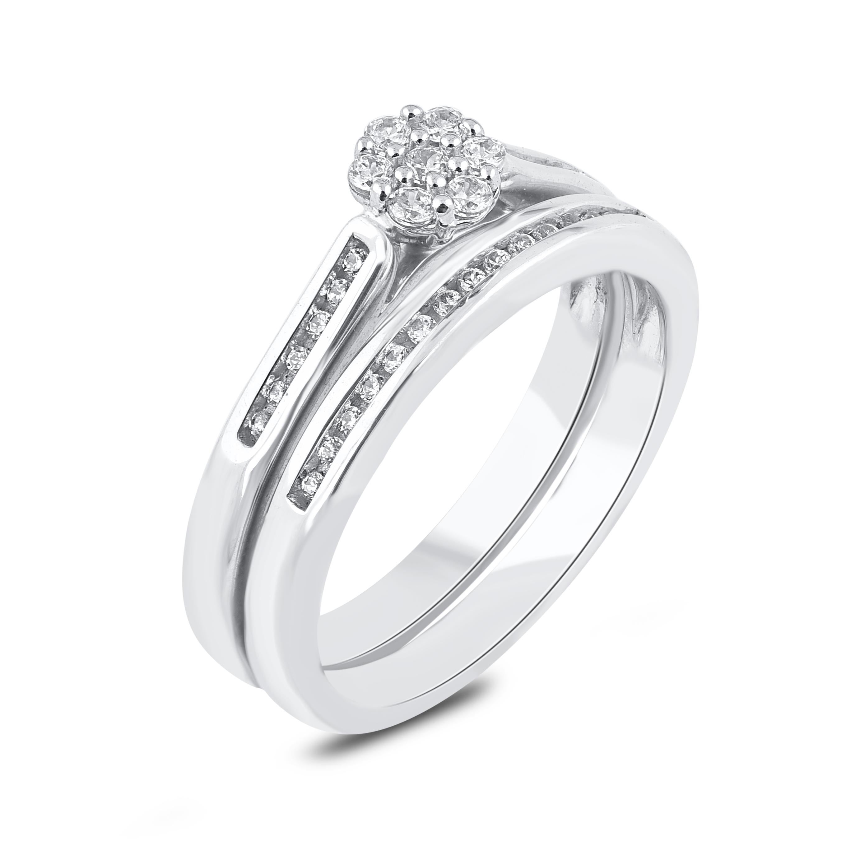 Contemporary TJD 0.25 Carat Natural Round Diamond 14 Karat White Gold Flower Bridal Ring Set For Sale