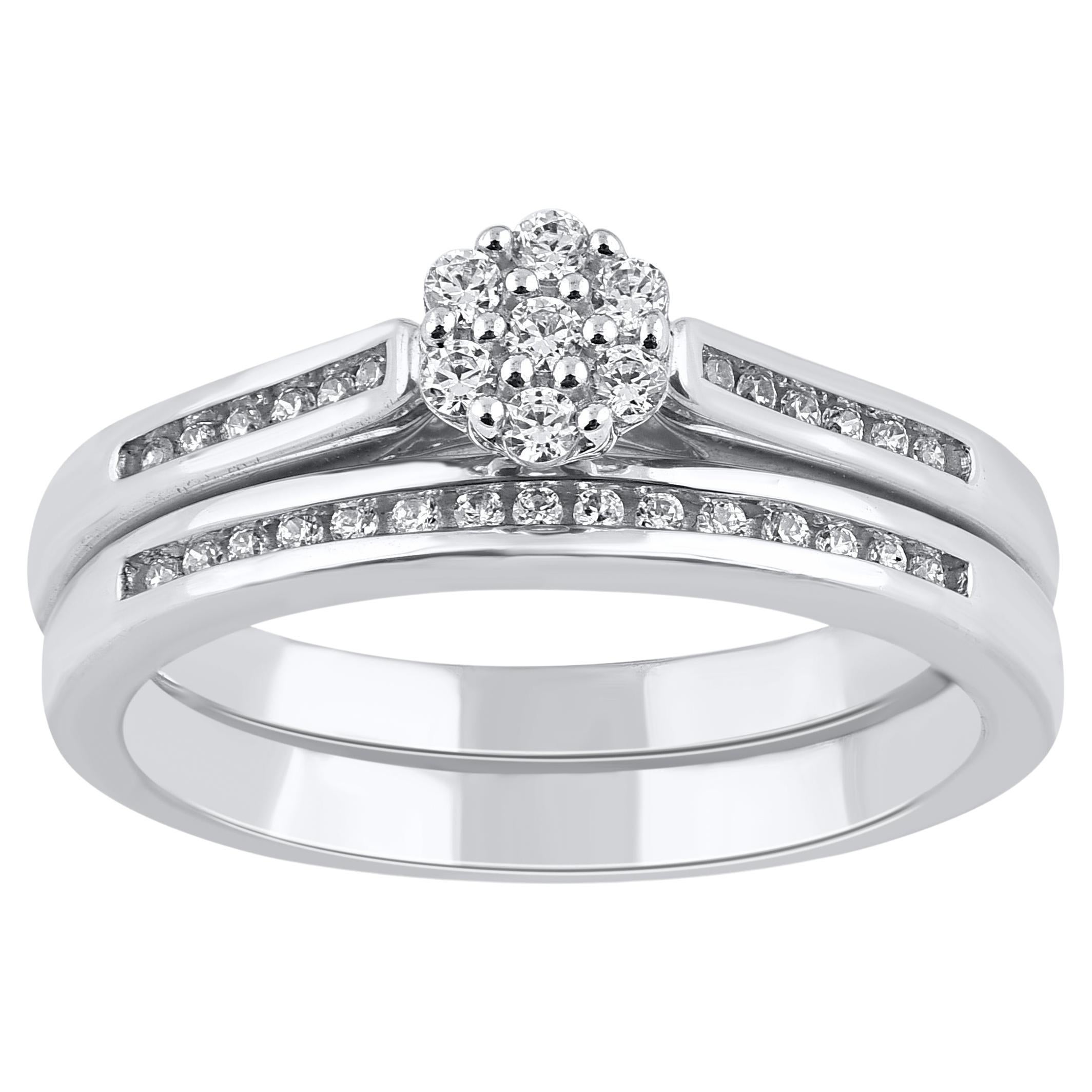 TJD 0.25 Carat Natural Round Diamond 14 Karat White Gold Flower Bridal Ring Set