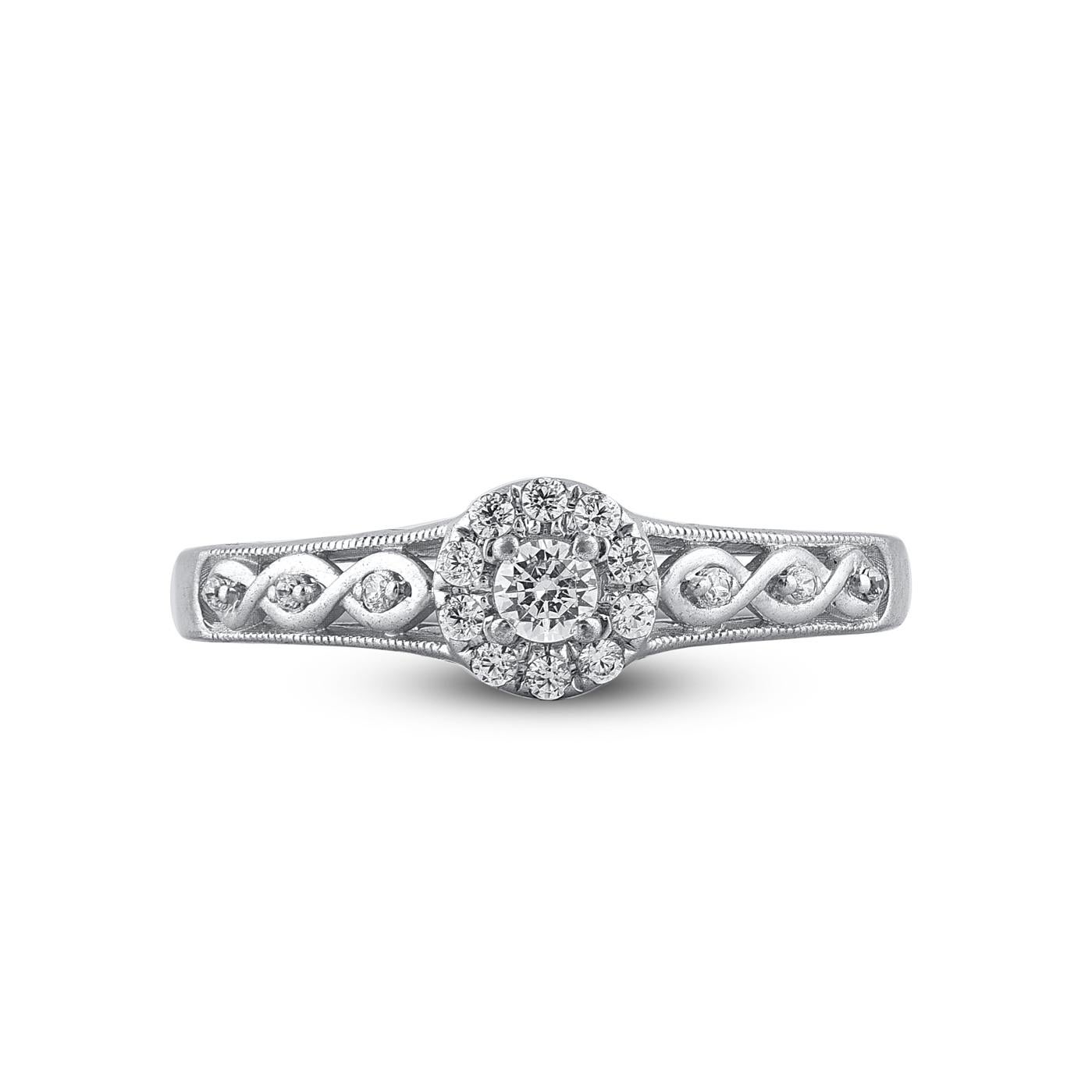 Win her heart with this classic and elegant diamond wedding ring. These diamond ring are studded with 19 single cut and brilliant cut round diamonds in prong and flush setting and crafted in 14kt white gold. The white diamonds are graded as H-I