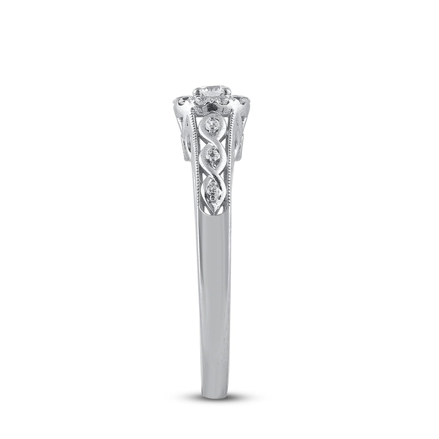 Taille ronde Bague de fiançailles halo en or blanc 14 carats avec diamant rond naturel de 0,25 carat TJD en vente