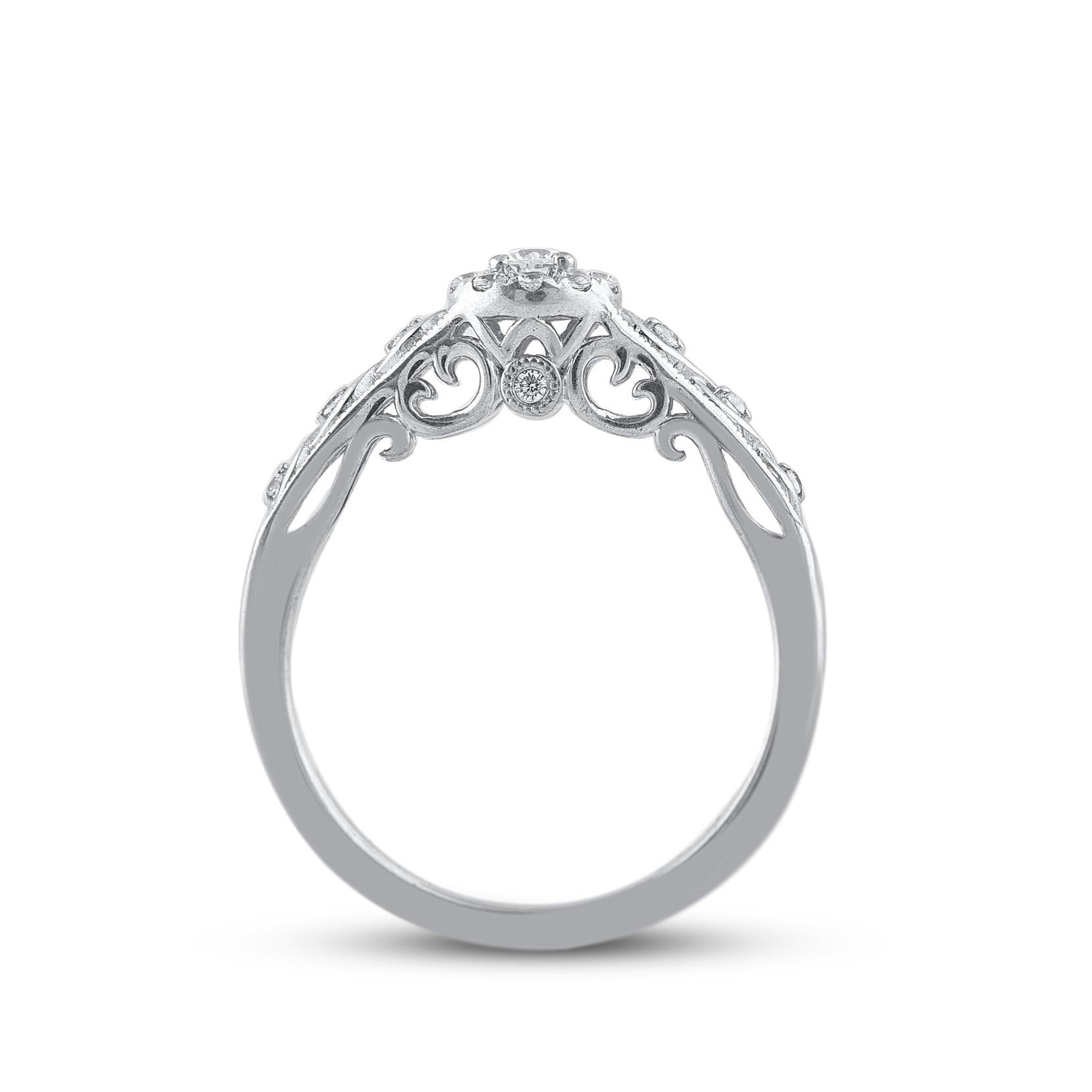 TJD 0.25 Carat Natural Round Diamond 14 Karat White Gold Halo Engagement Ring In New Condition For Sale In New York, NY