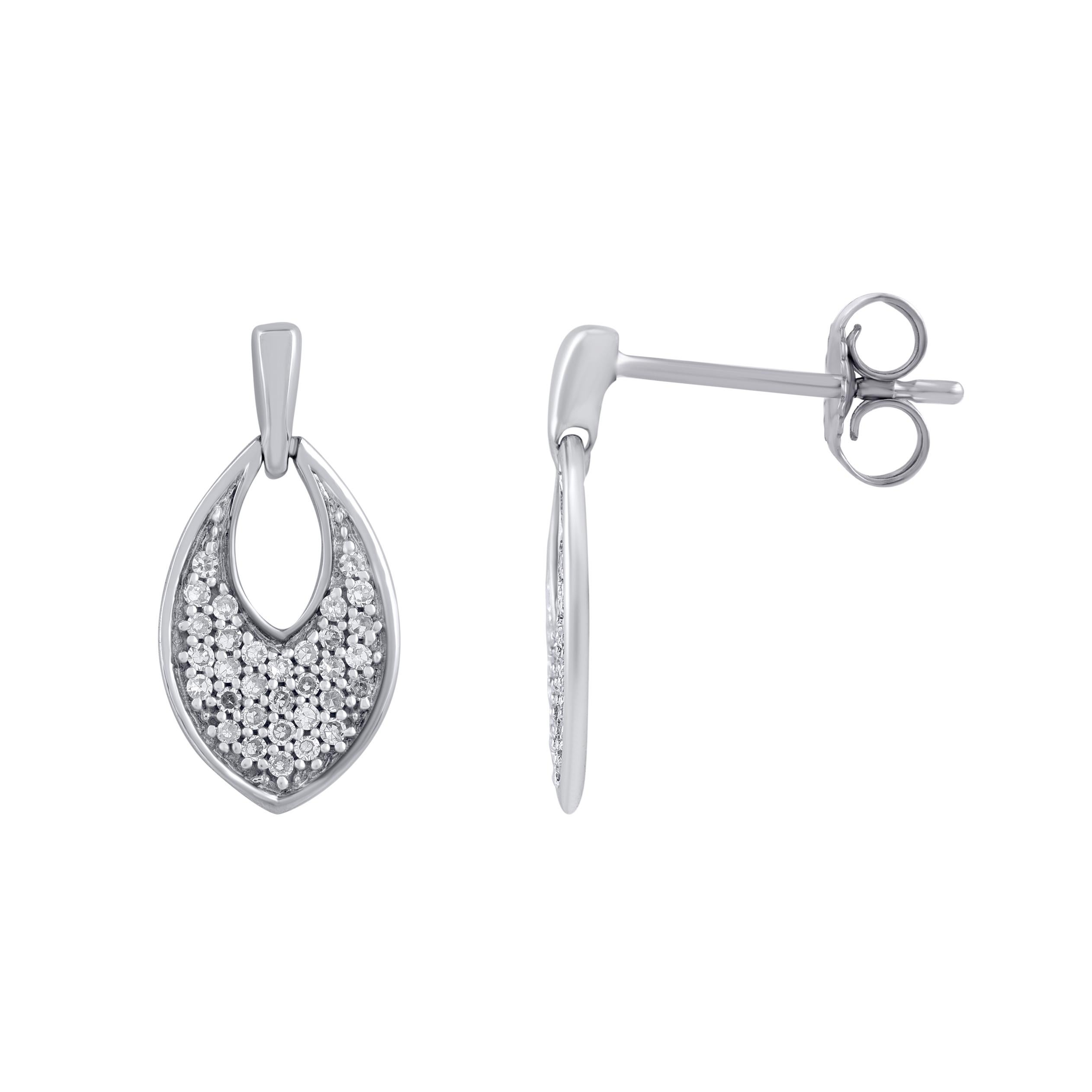 Elevate your look with these stunning diamond drop earrings. This drop earring is crafted from 14-karat white gold and features 64 single cut diamonds set in prong setting. H-I color I2 clarity and a high polish finish complete the Brilliant