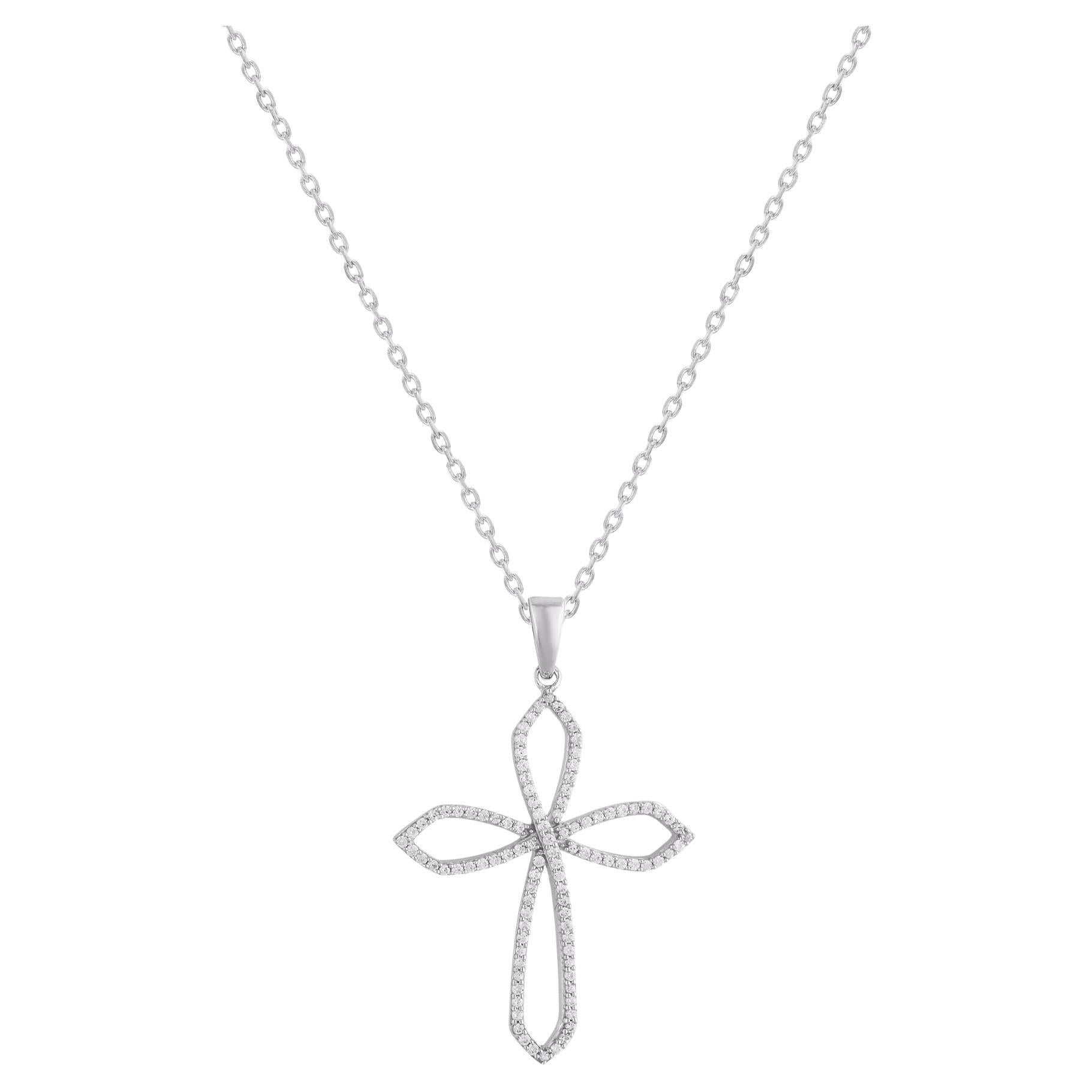 TJD 0.25 Carat Natural Round Diamond 14KT White Gold Cross Pendant Necklace
