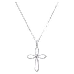 TJD 0.25 Carat Natural Round Diamond 14KT White Gold Cross Pendant Necklace