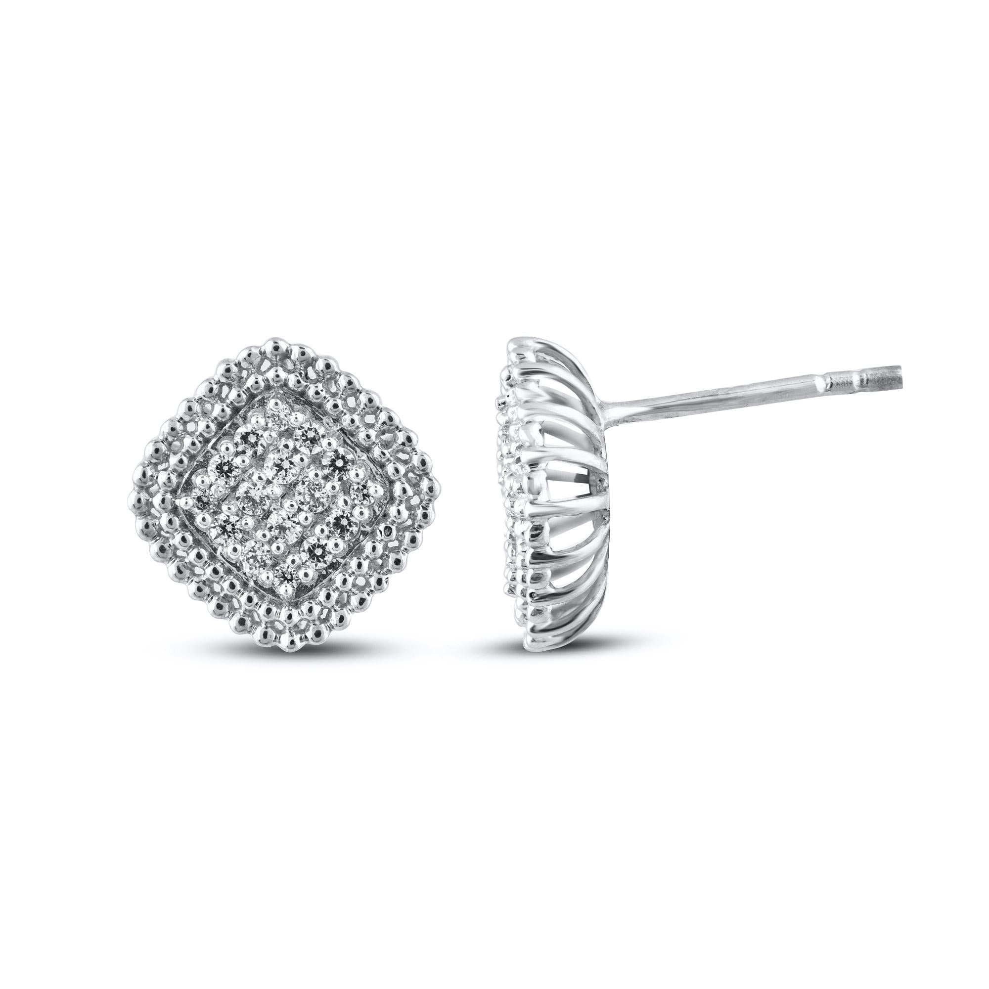 Timeless and elegant, these diamond stud earrings go from day to night with ease. This earring is beautifully designed and studded with 32 single cut and brilliant cut diamond in prong setting. The total diamond weight is 0.25 carat. The diamonds