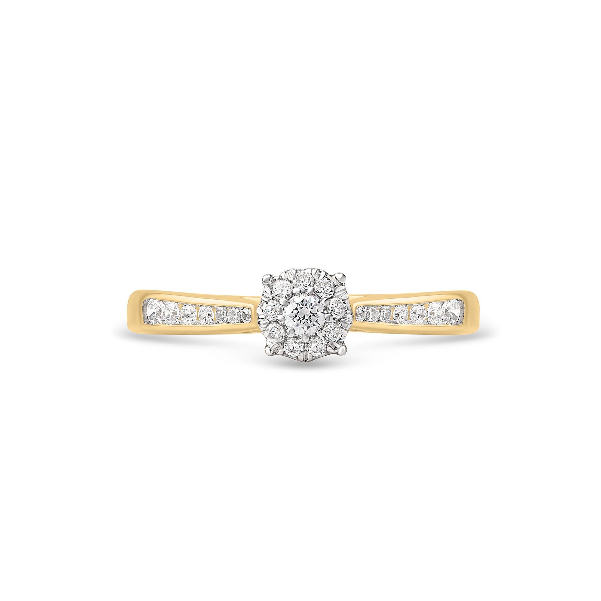 Express your love for her in the most classic way with this solitaire engagement ring. Beautifully crafted by our inhouse experts in 14 karat yellow gold and embellished with 24 brilliant cut and single cut round diamond set in prong and channel