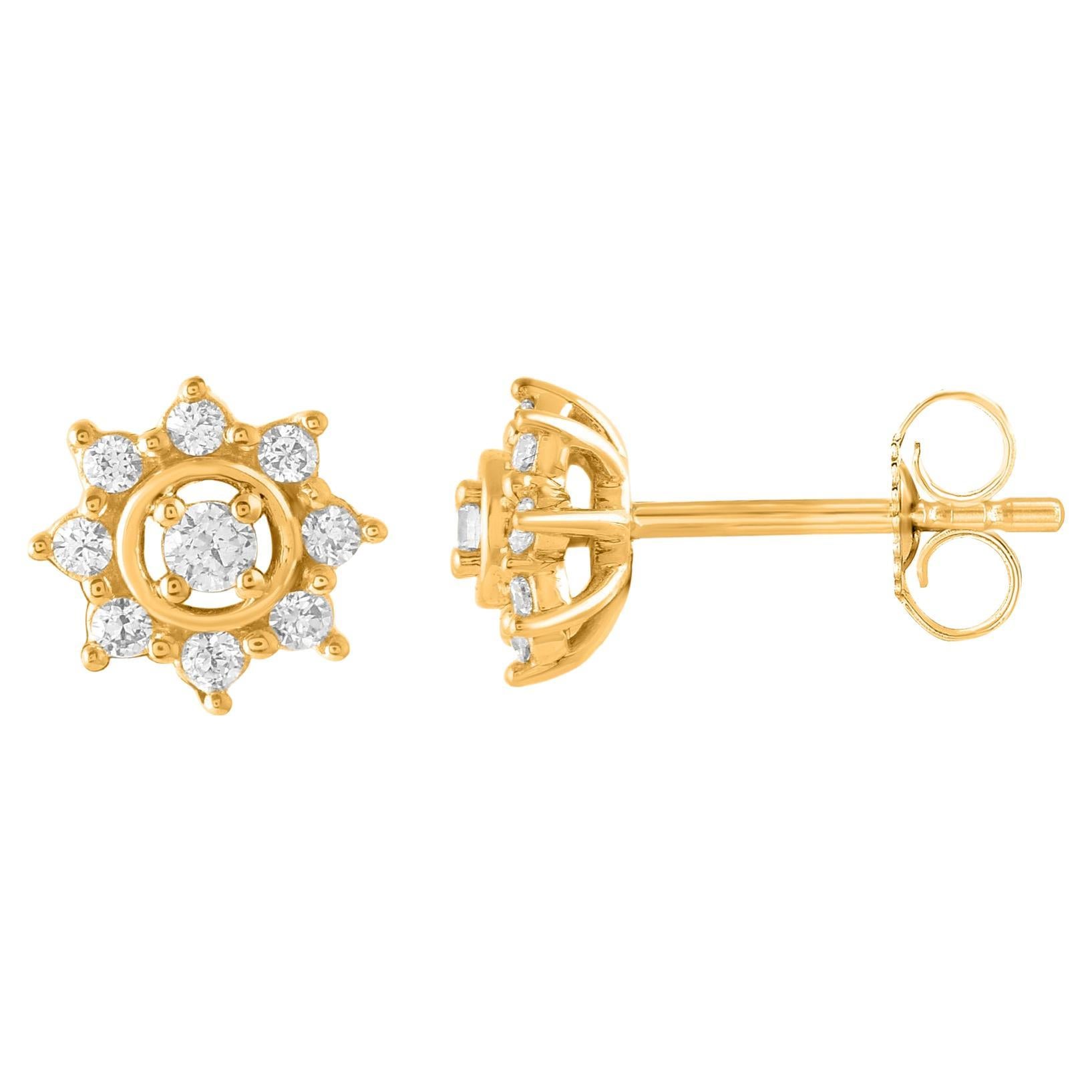 TJD 0.25 Carat Natural Round Diamond 14KT Yellow Gold Flower Stud Earrings