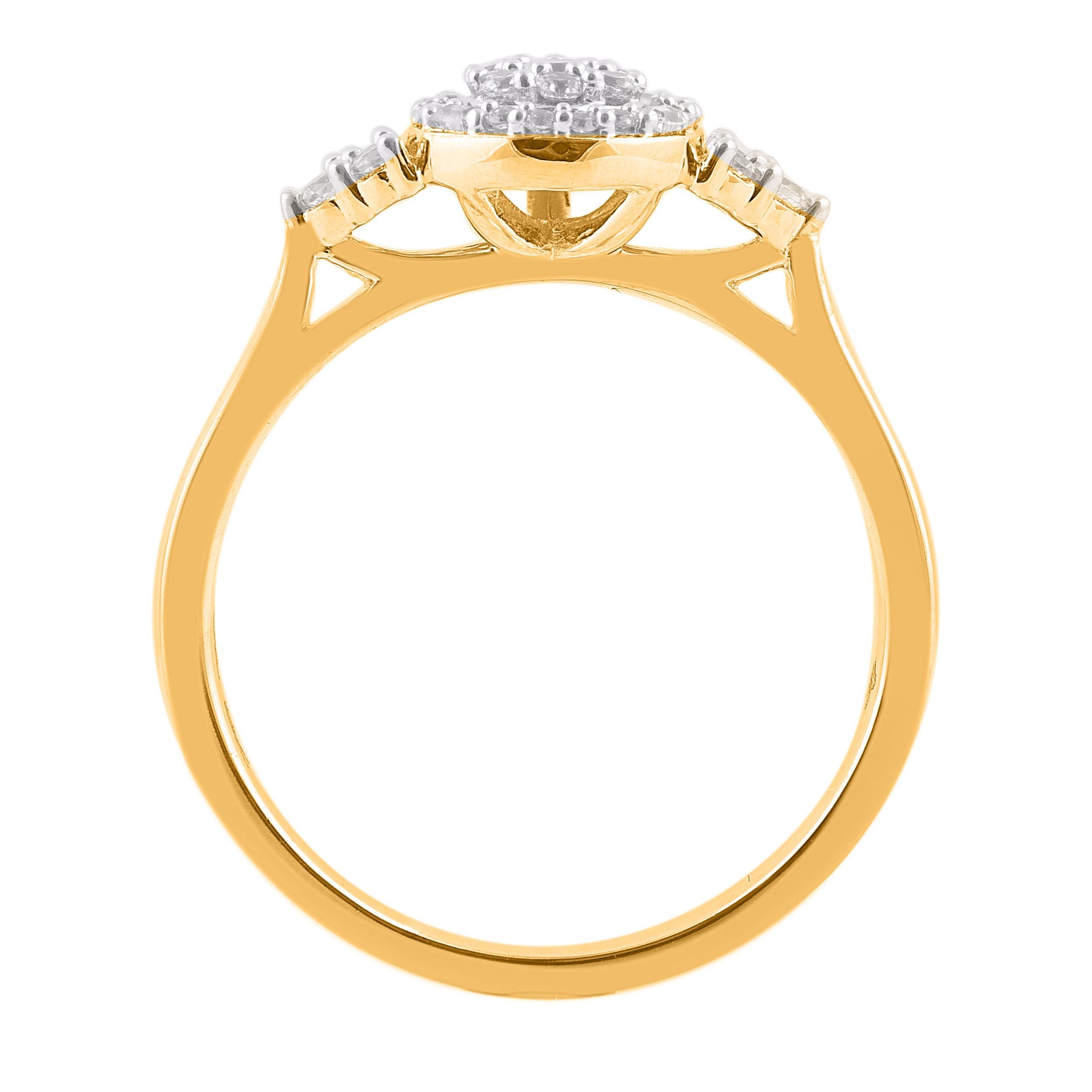 Win her heart with this classic and elegant diamond ring. The diamond ring is crafted from 14 karat yellow gold with 34 brilliant cut, single cut and baguette diamonds set in prong setting, dazzles in H-I color I2 clarity and a high polish finish