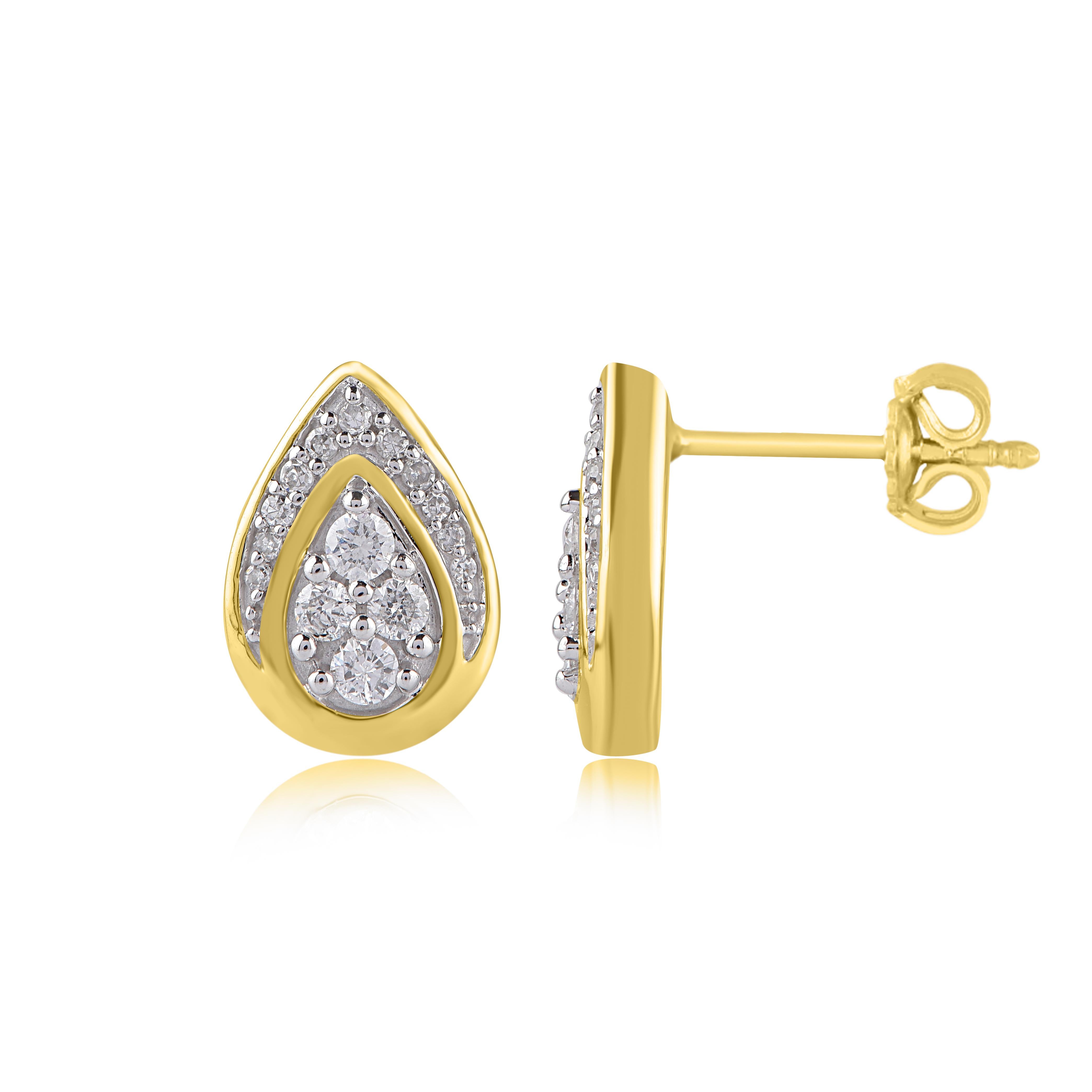 A sparkling delight, these diamond teardrop earrings fit her charming aesthetic. Embellished with 30 round brilliant cut and single cut diamond set in pave setting, and dazzles with H-I color I2 clarity. Captivating with 0.25 Carat and crafted by