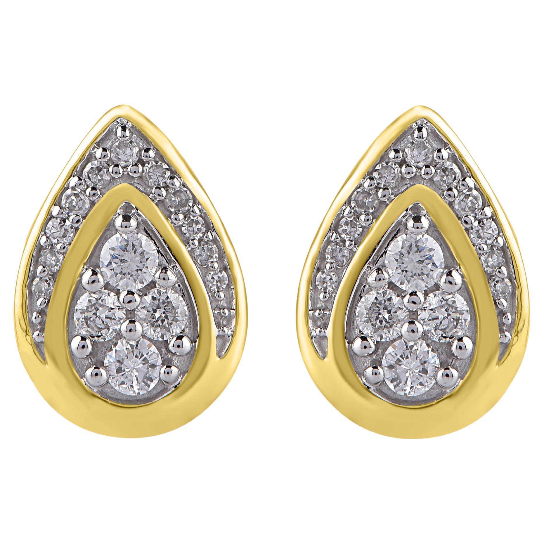 TJD 0.25 Carat Natural Round Diamond 14KT Yellow Gold Teardrop Stud Earrings For Sale