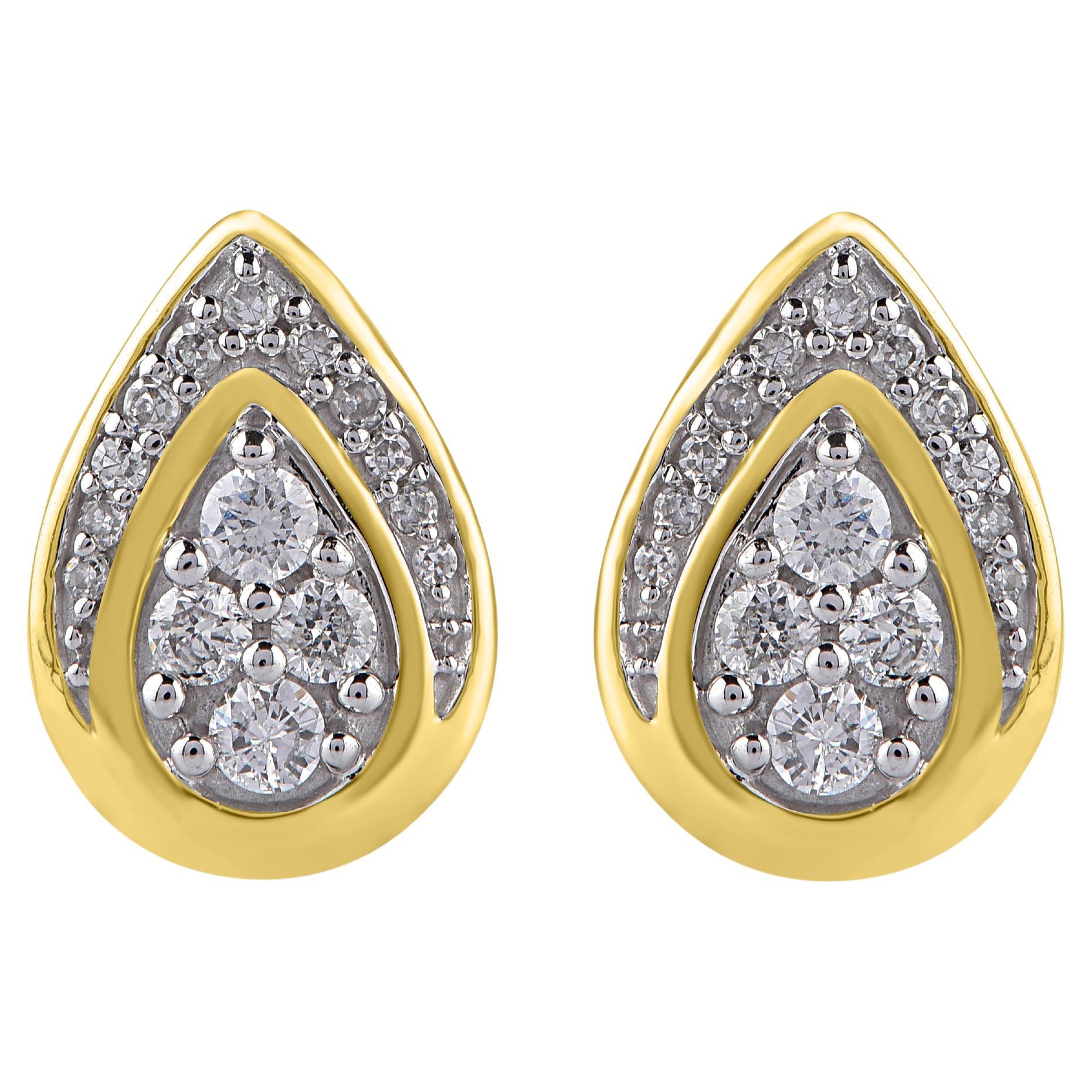 TJD 0.25 Carat Natural Round Diamond 14KT Yellow Gold Teardrop Stud Earrings