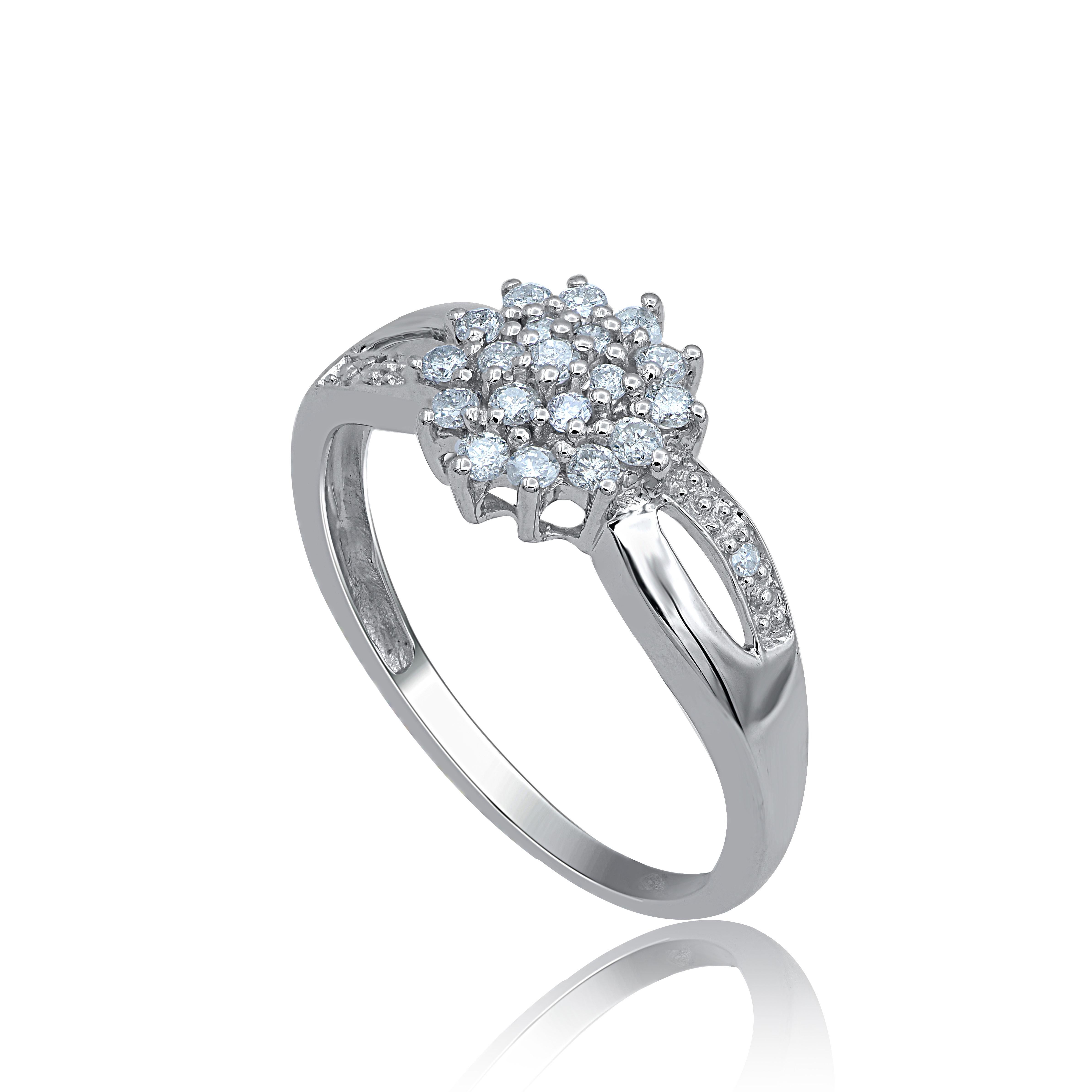 Add a touch of elegance with this diamond engagement ring. This ring is beautifully crafted in 14 karat white gold and set with 21 single cut and brilliant cut round diamonds in pave & prong setting. The total weight of diamonds is 0.25 carat, H-I