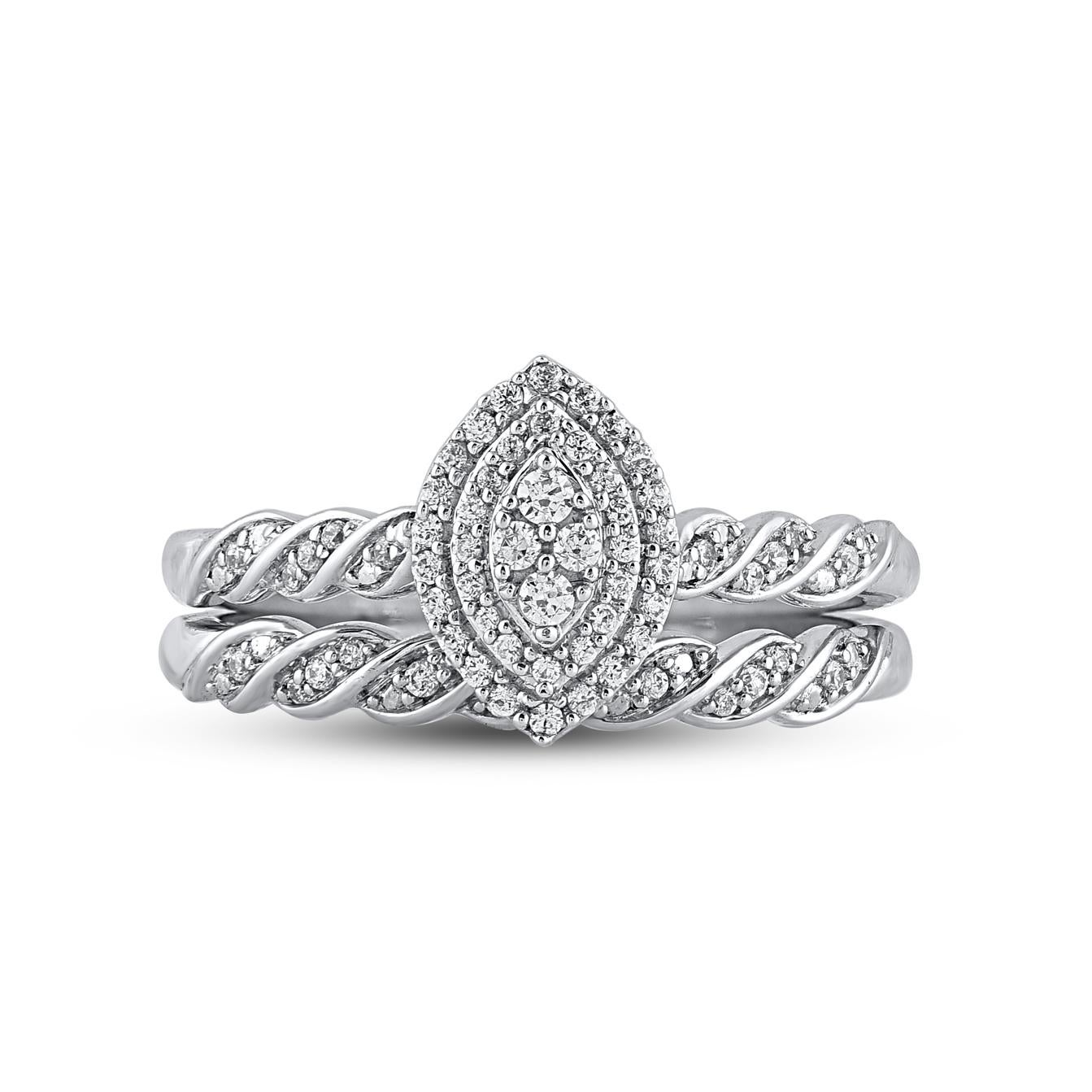 Celebrate your next steps in life and love with this marquise shape diamond ring set. Crafted in 14 Karat white gold. This wedding ring features a sparkling 65 brilliant cut and single cut round diamond beautifully set in prong & pave setting. The