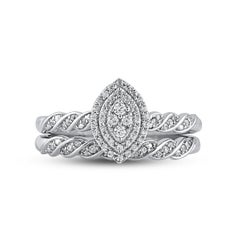 TJD 0.25 Carat Natural Round Diamond White Gold Marquise Shape Bridal Ring Set