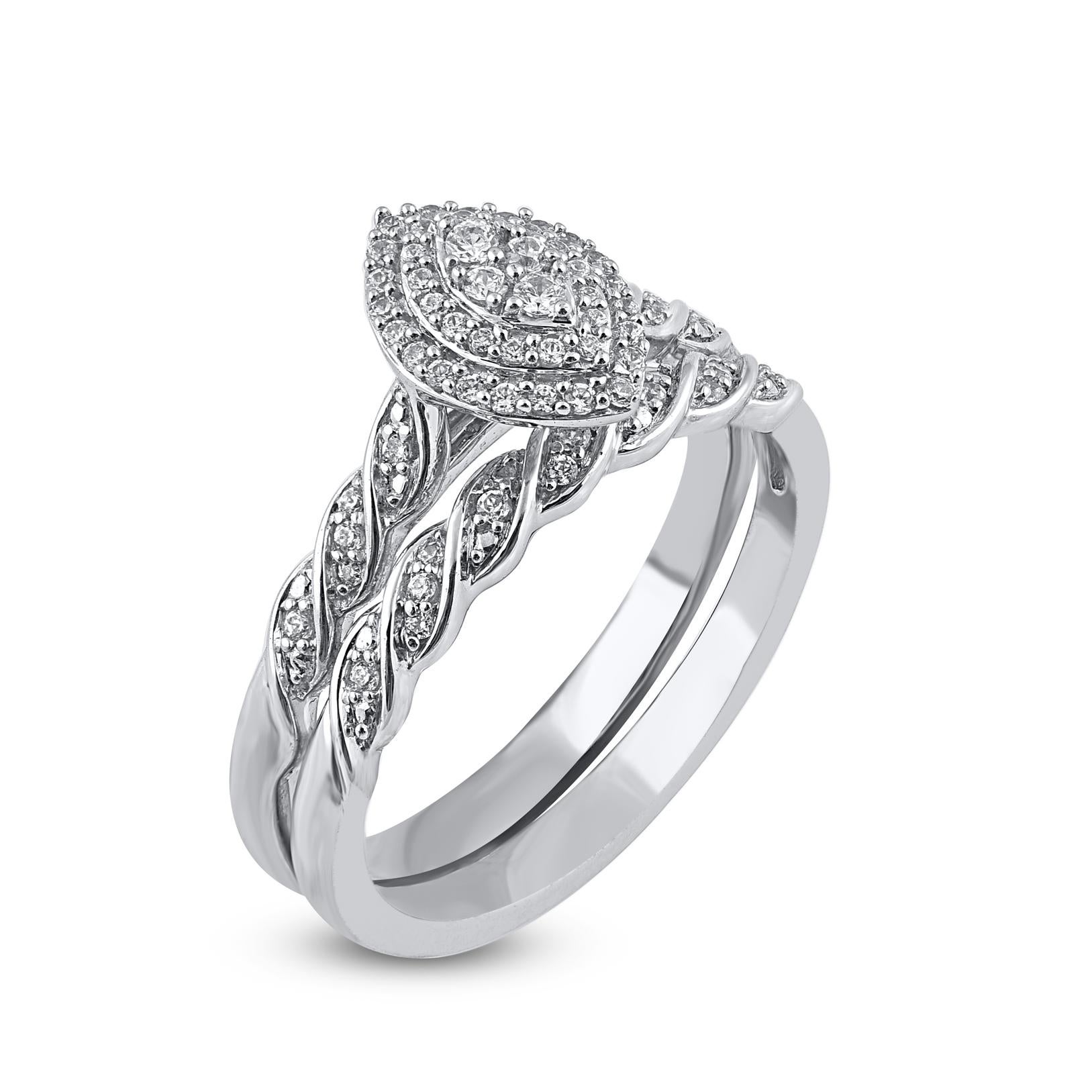 Contemporary TJD 0.25 Carat Natural Round Diamond White Gold Marquise Shape Bridal Ring Set For Sale