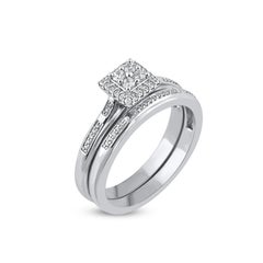 TJD 0.25 Carat Natural Round Diamond White Gold Square Frame Bridal Ring Set