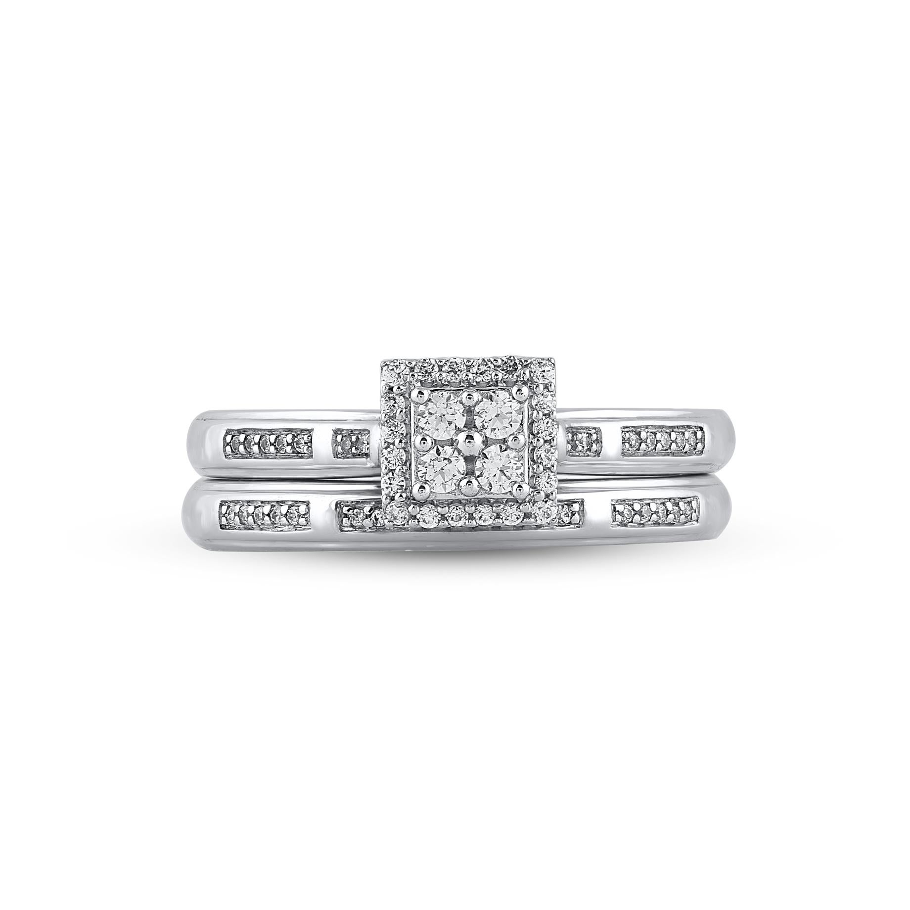Contemporary TJD 0.25 Carat Natural Round Diamond White Gold Square Frame Bridal Ring Set For Sale