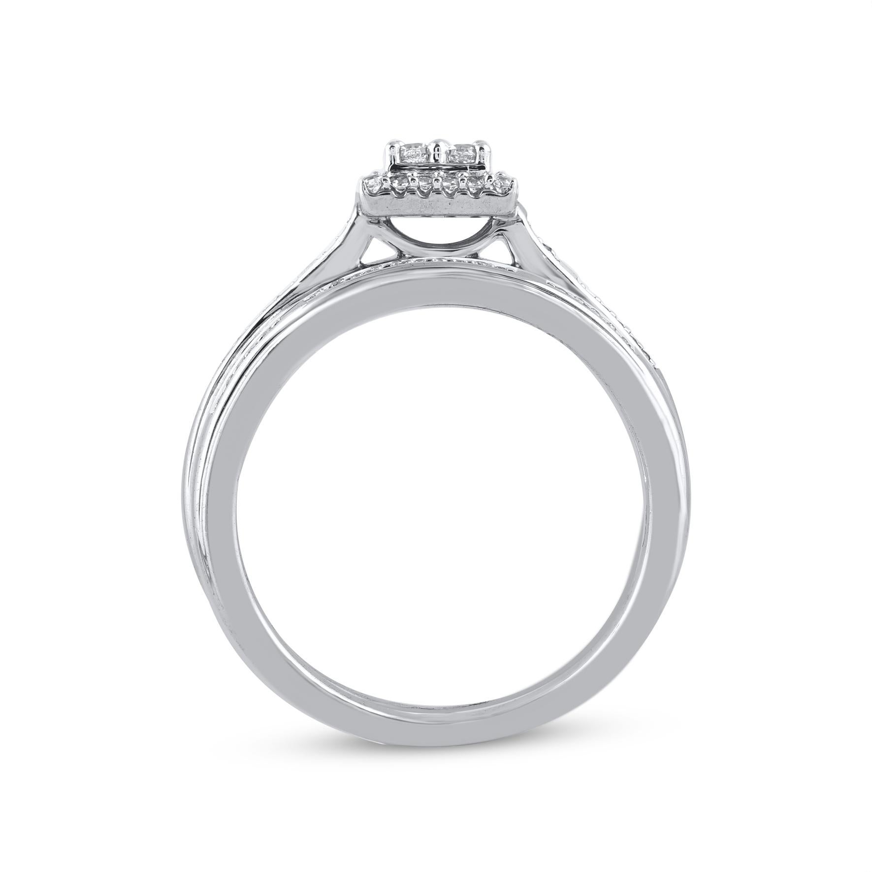 Round Cut TJD 0.25 Carat Natural Round Diamond White Gold Square Frame Bridal Ring Set For Sale
