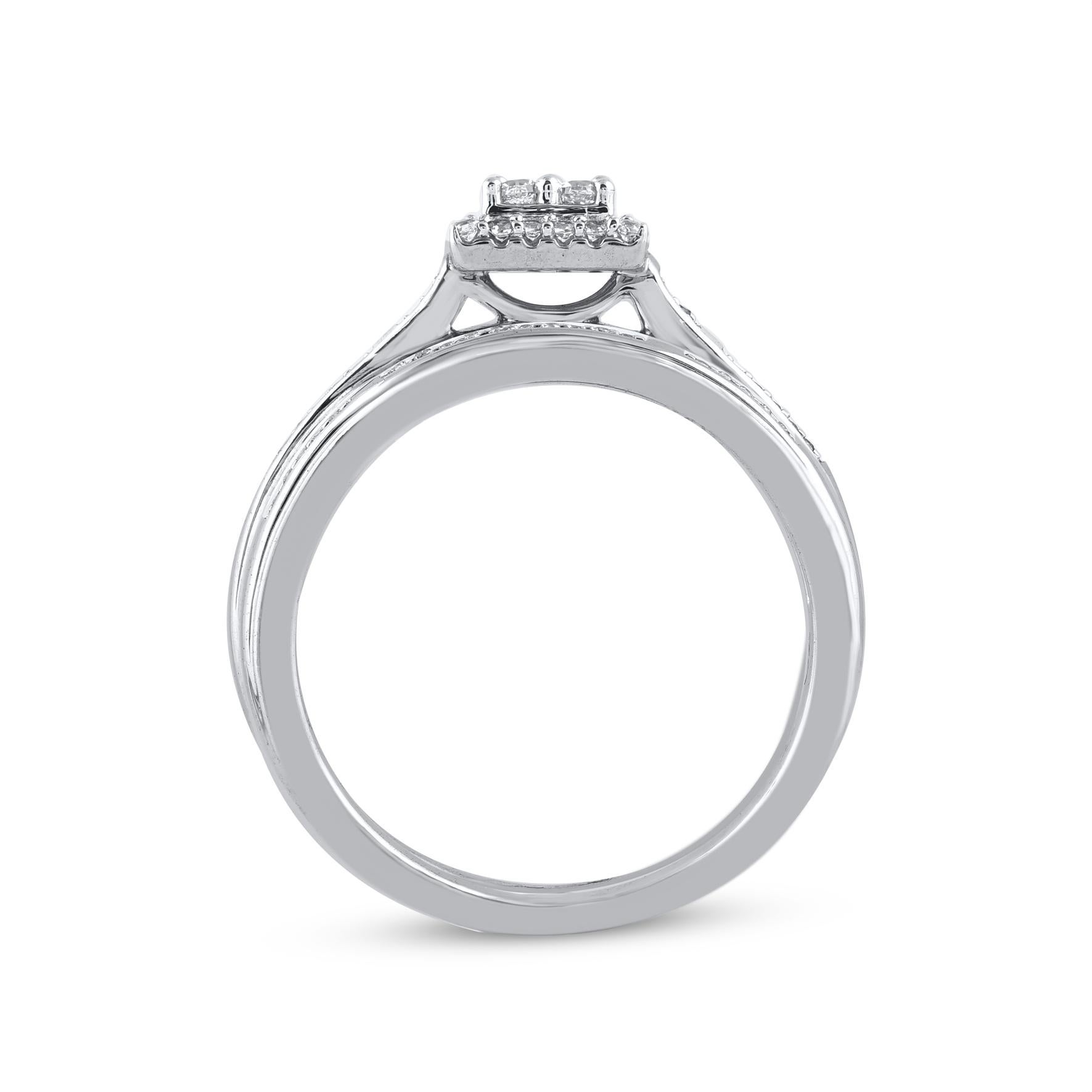TJD 0.25 Carat Natural Round Diamond White Gold Square Frame Bridal Ring Set In New Condition For Sale In New York, NY